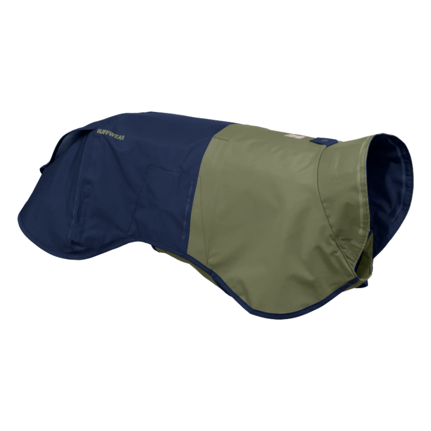 Side view of Ruffwear Sun Shower™ Dog Rain Coat in green and navy, designed for comfort and mobility during rain.