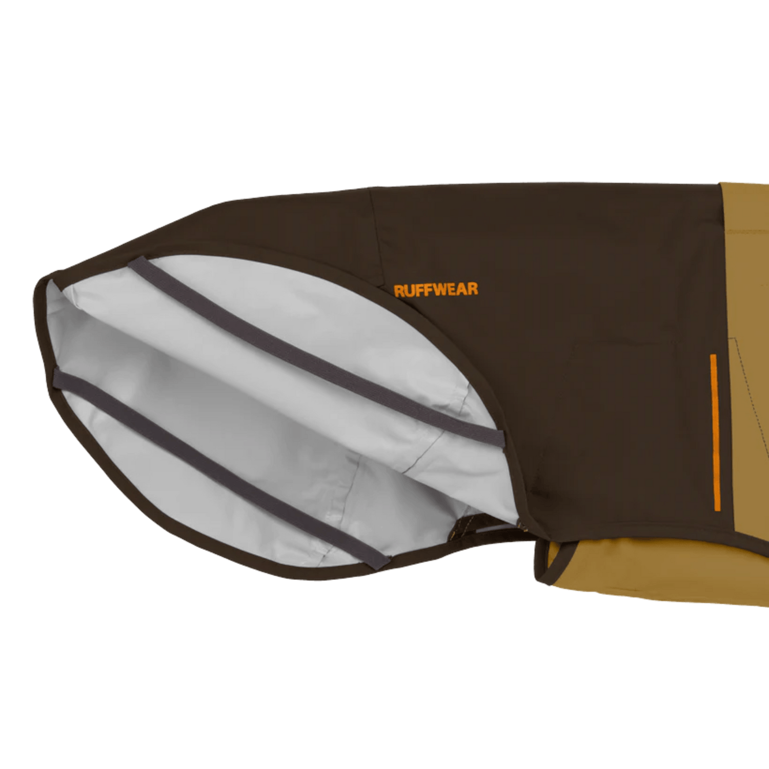 Close-up of Ruffwear Sun Shower™ Dog Rain Coat interior, showing seam-sealed lining and breathable waterproof fabric.
