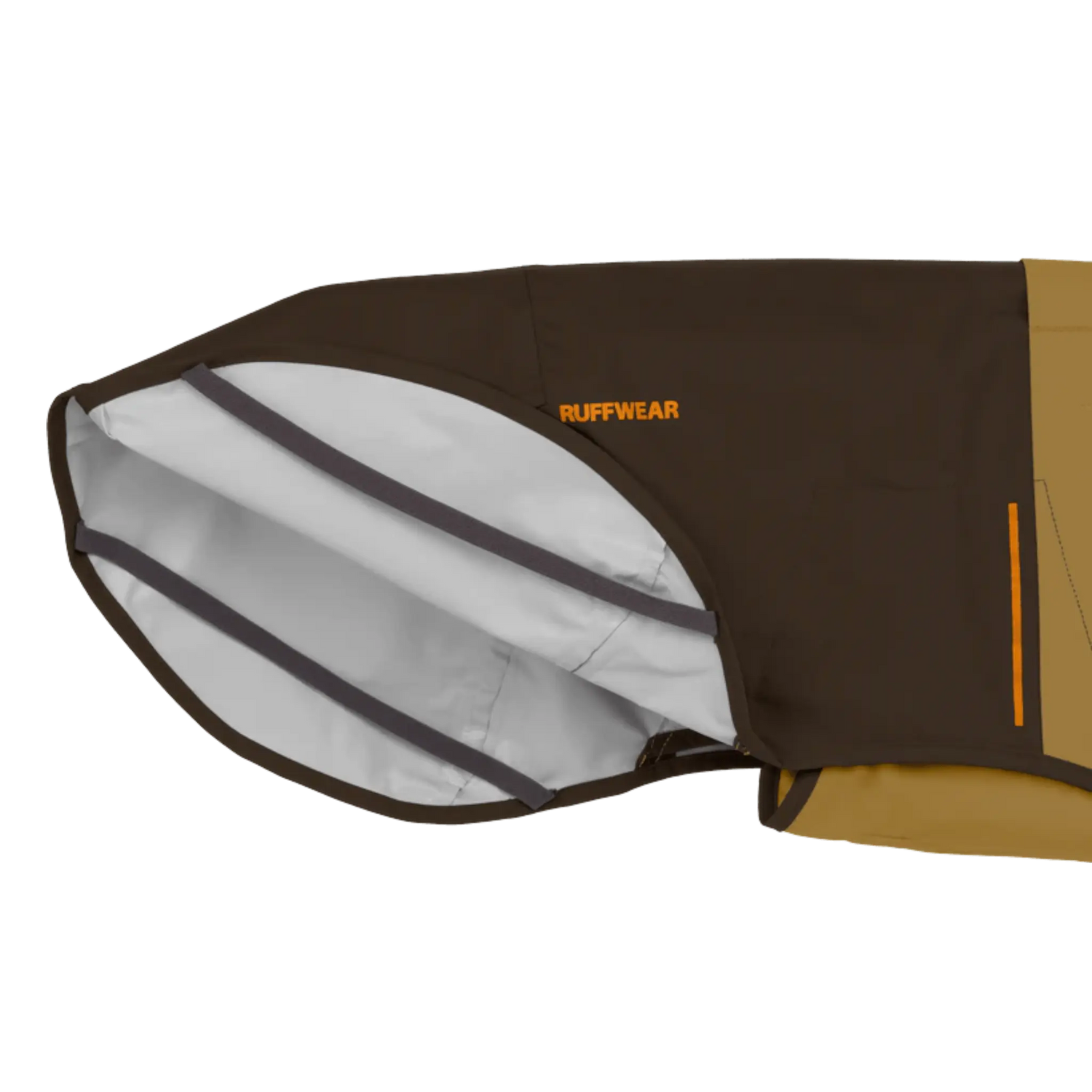 Close-up of Ruffwear Sun Shower™ Dog Rain Coat interior, showing seam-sealed lining and breathable waterproof fabric.