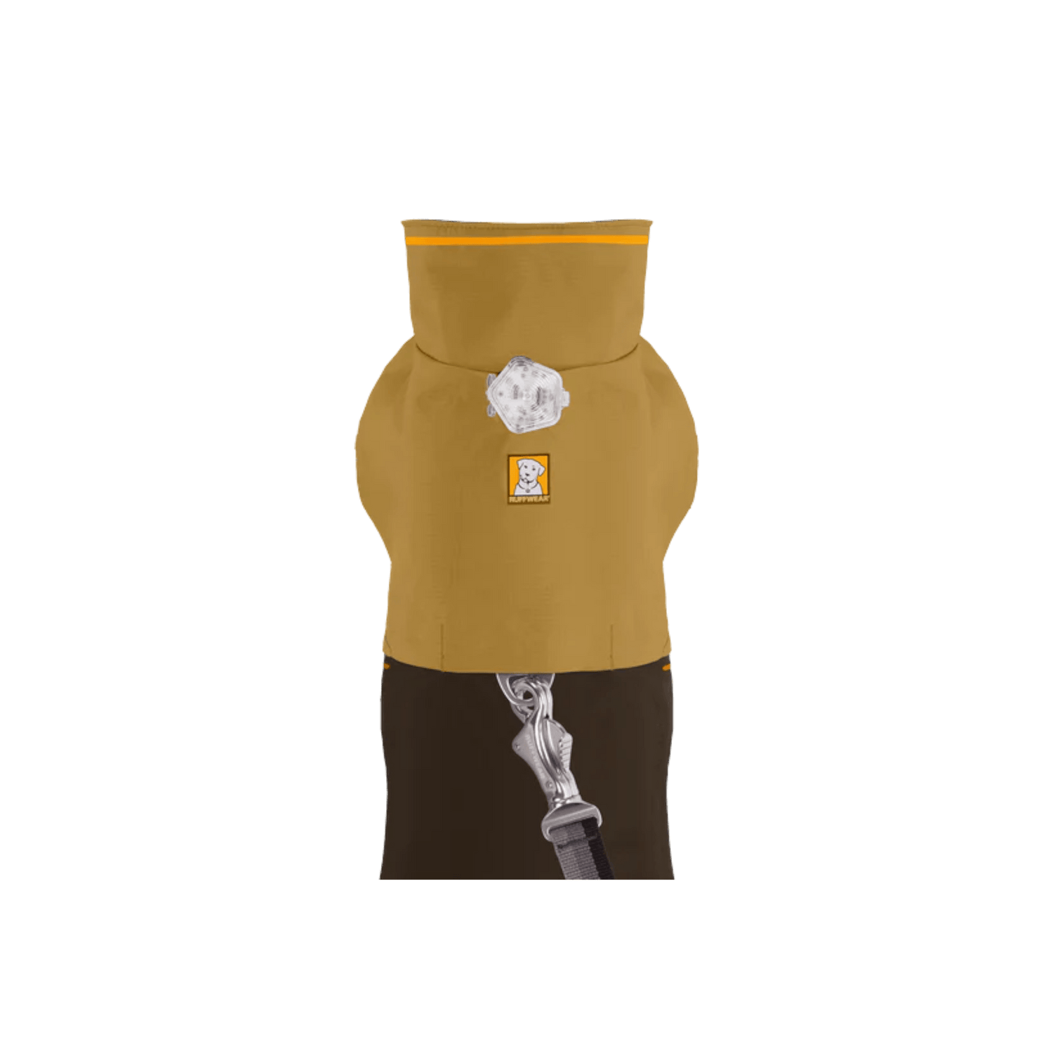Top view of Ruffwear Sun Shower™ Dog Rain Coat in yellow and brown with leash portal and reflective logo for visibility.