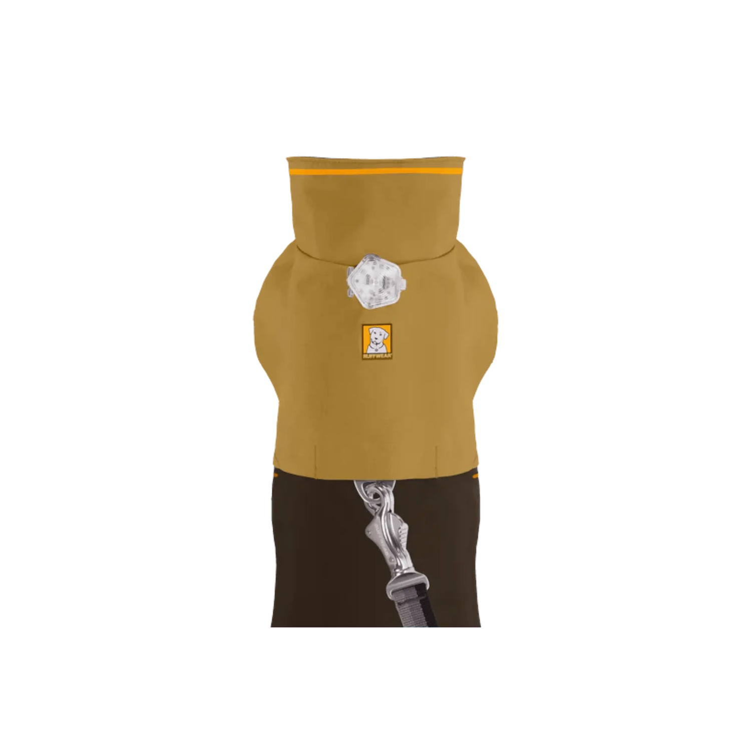 Top view of Ruffwear Sun Shower™ Dog Rain Coat in yellow and brown with leash portal and reflective logo for visibility.