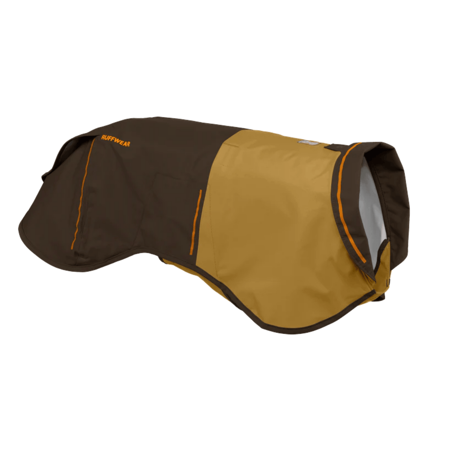 Rear angled view of Ruffwear Sun Shower™ Dog Rain Coat in yellow and brown, showing extended coverage and waterproof seams.