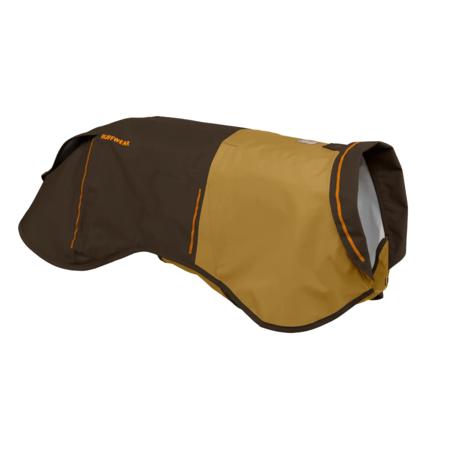 Rear angled view of Ruffwear Sun Shower™ Dog Rain Coat in yellow and brown, showing extended coverage and waterproof seams.