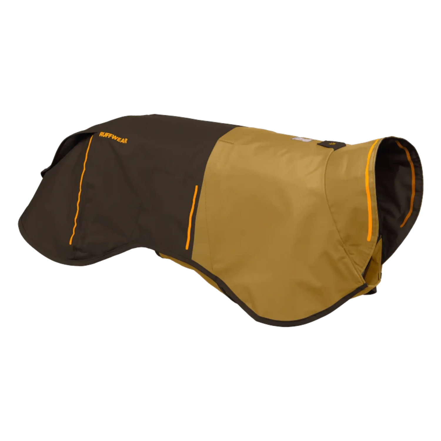 Side view of Ruffwear Sun Shower™ Dog Rain Coat in yellow and brown, highlighting durable construction and reflective trim.