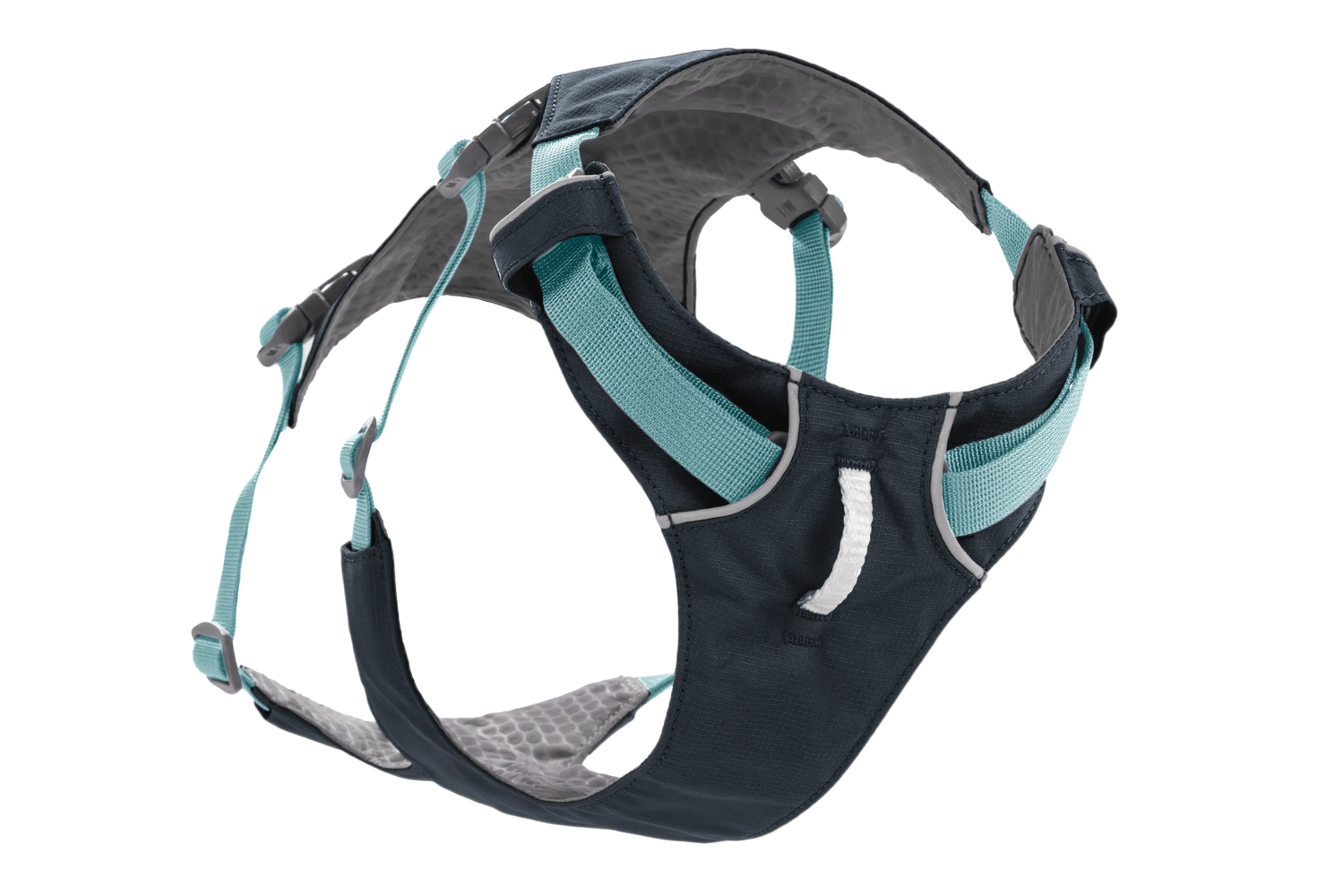 Rear angle of Ruffwear Flagline™ Dog Harness with handle, showing breathable mesh lining and durable construction for rugged terrain.