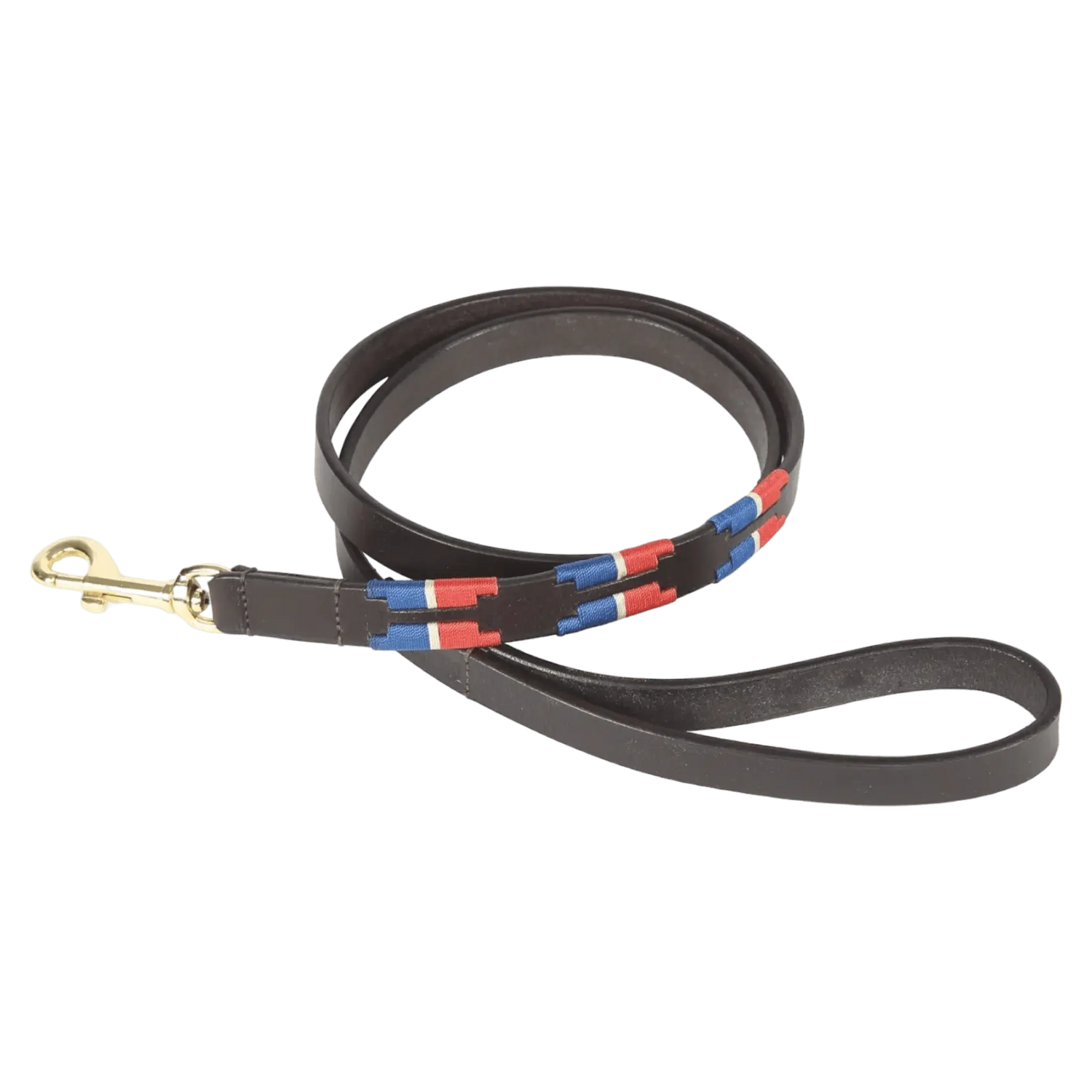 Digby & Fox Drover Polo Dog Lead in conker brown leather with red, blue, and white hand-stitched pattern, ideal for stylish dog walks.