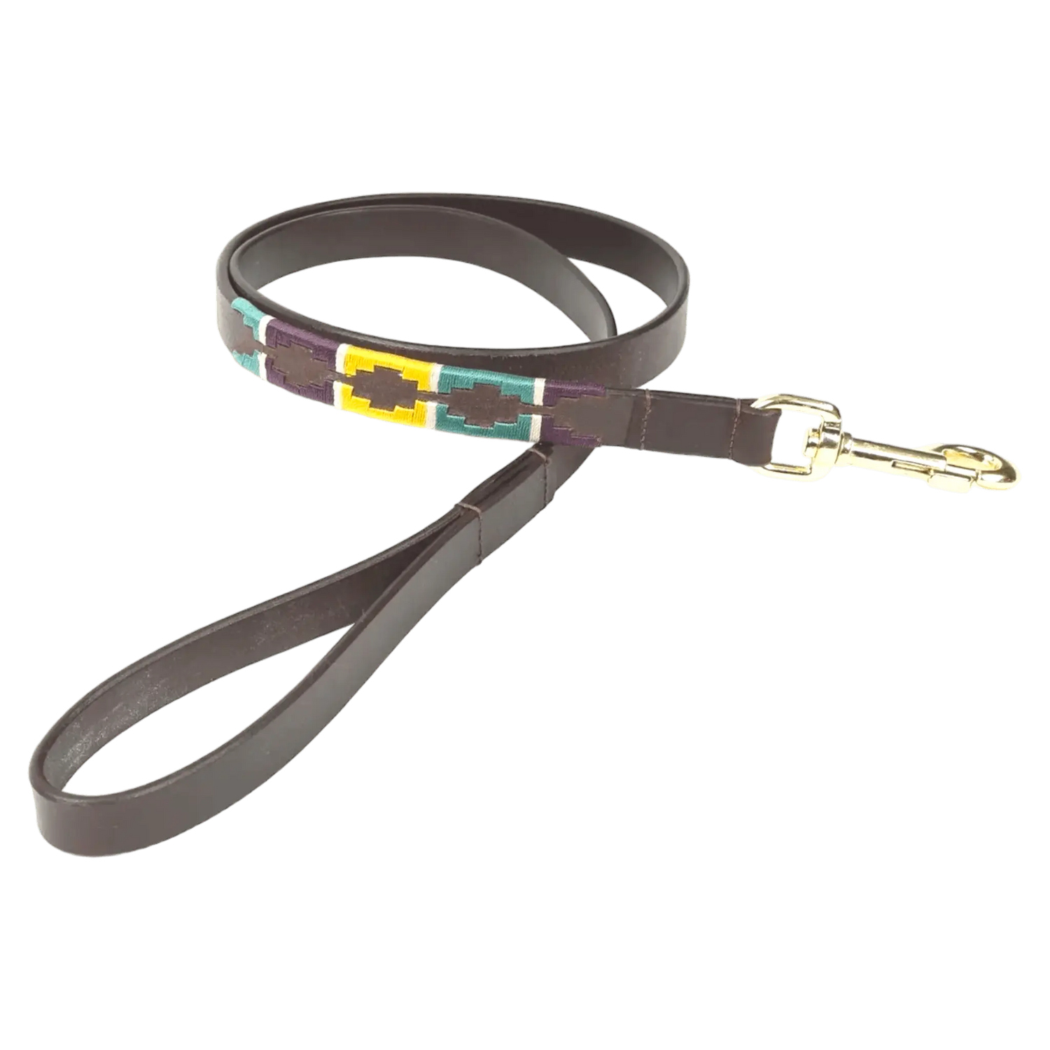 Digby & Fox Drover Polo Dog Lead featuring conker brown leather and yellow, teal, and purple stitched design, perfect for fashionable pets.