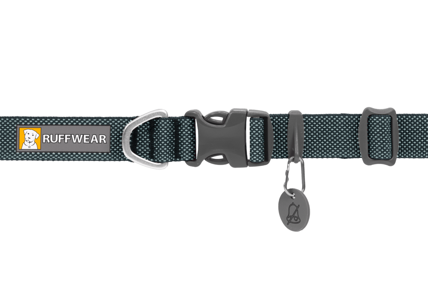 Flat lay of Ruffwear Hi & Light™ Dog Collar in twilight gray showing adjustable strap, D-ring, and tag holder for pet identification.