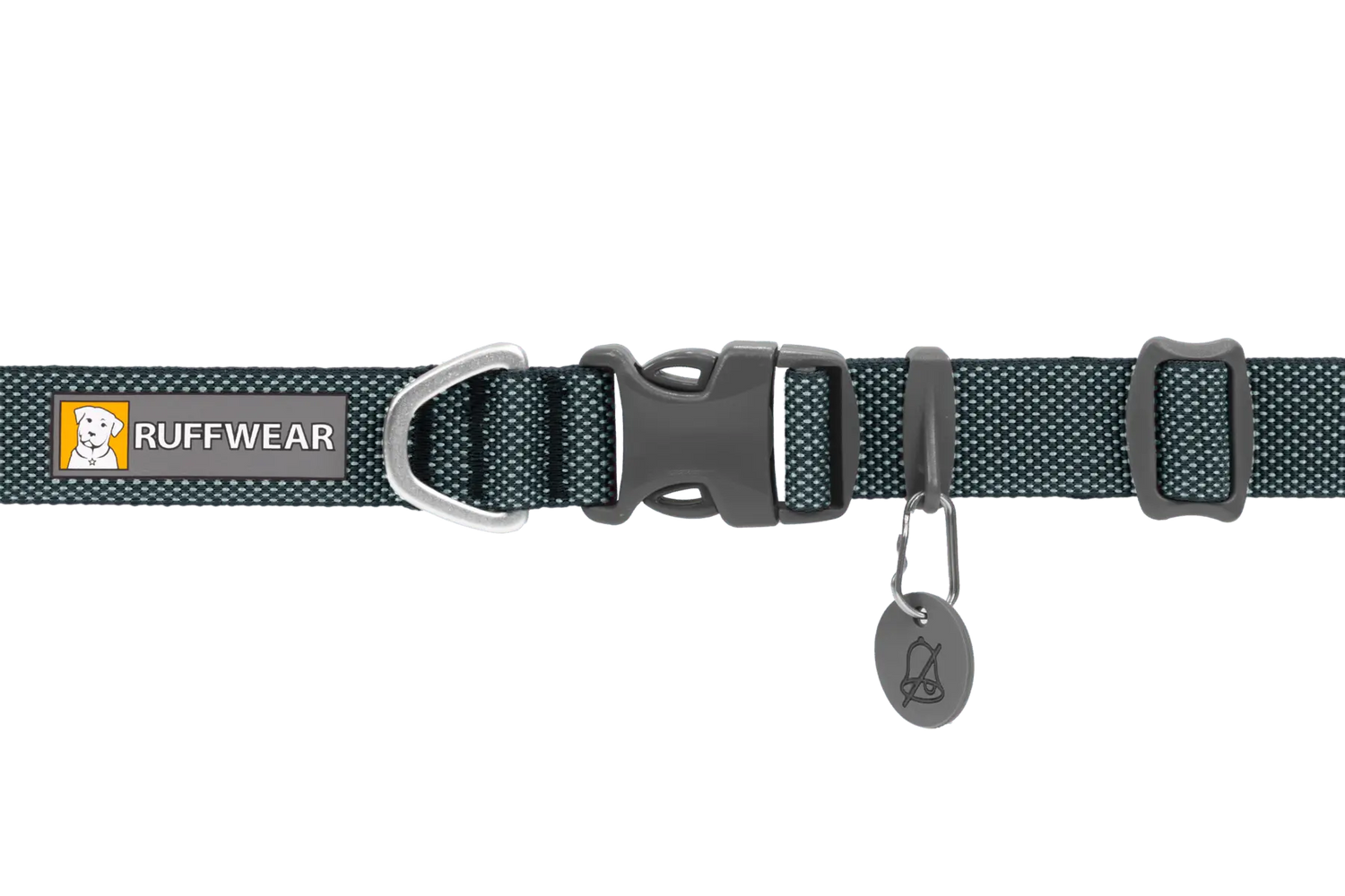 Flat lay of Ruffwear Hi & Light™ Dog Collar in twilight gray showing adjustable strap, D-ring, and tag holder for pet identification.