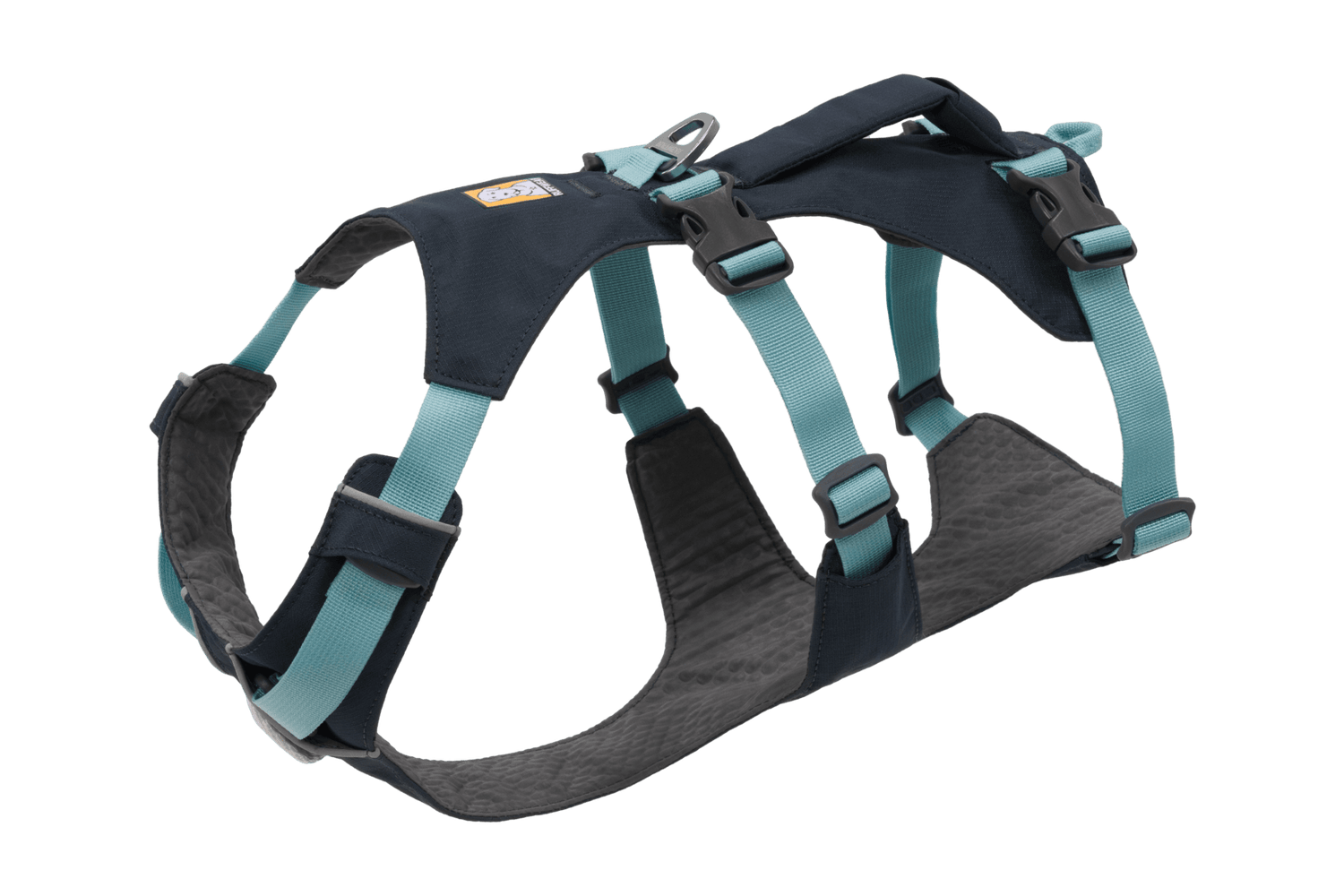 Ruffwear Flagline™ Dog Harness with handle in blue and grey, featuring adjustable straps and lightweight design for active dogs.