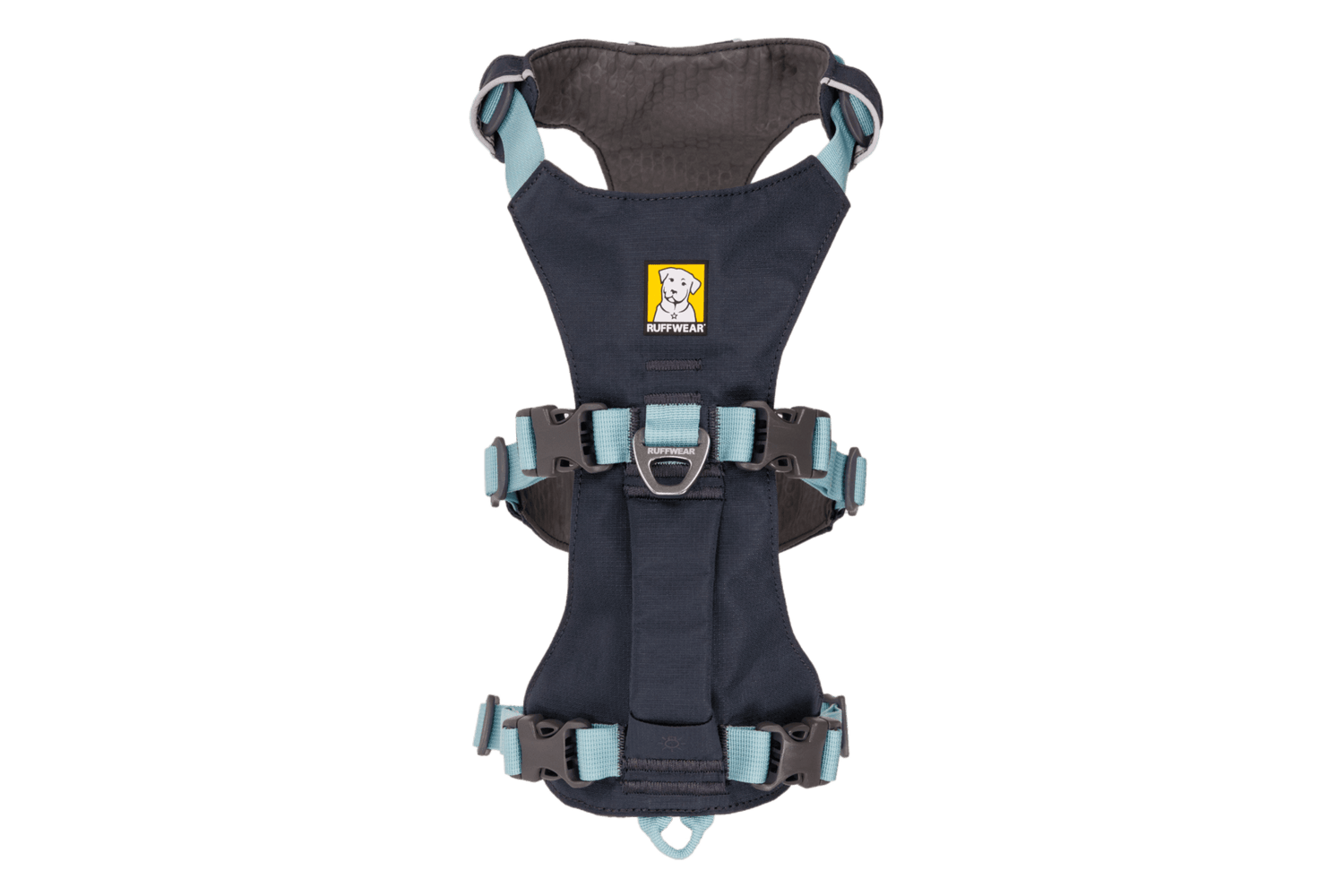 Top view of Ruffwear Flagline™ Dog Harness with handle, highlighting reinforced stitching, padded chest panel, and multiple adjustment points.