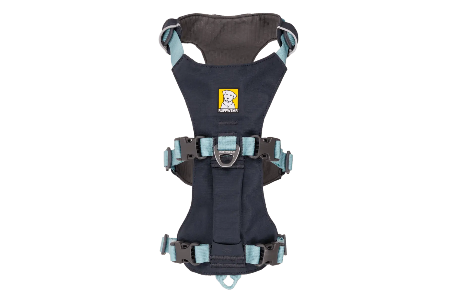 Top view of Ruffwear Flagline™ Dog Harness with handle, highlighting reinforced stitching, padded chest panel, and multiple adjustment points.