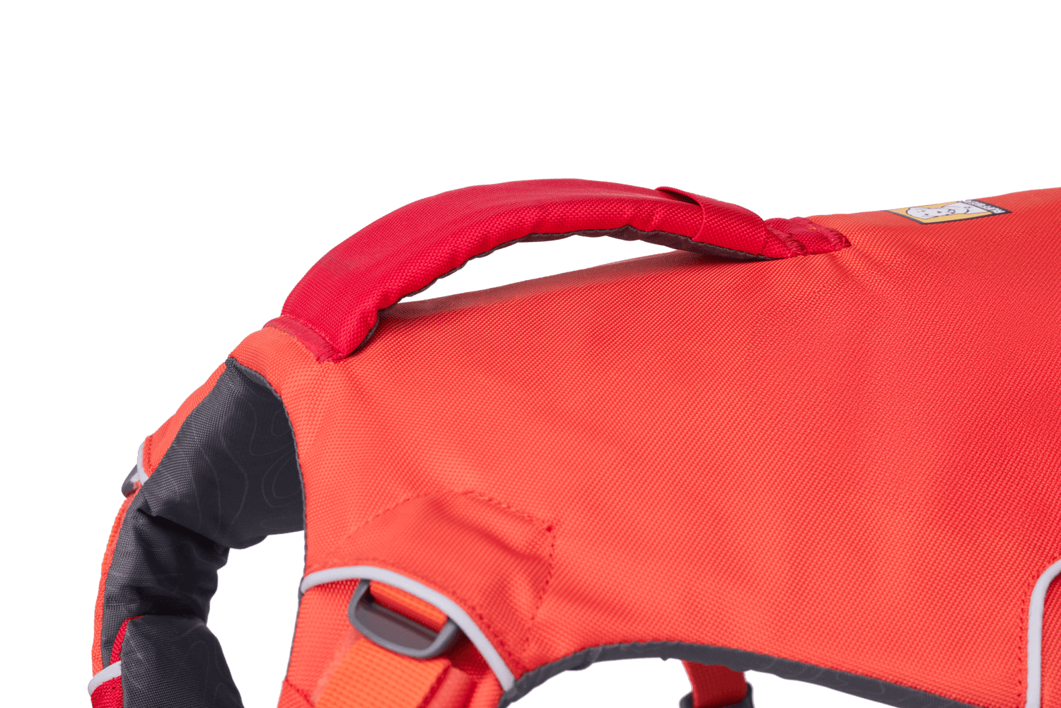 Close-up of Ruffwear - Confluence Life Jacket's padded handle and rugged fabric, emphasizing control and durability for pet safety.