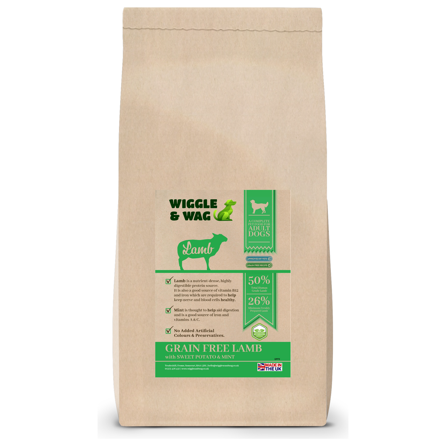 Wiggle and Wag Grain Free Lamb, Sweet Potato & Mint, Complete Working Adult Dog Food