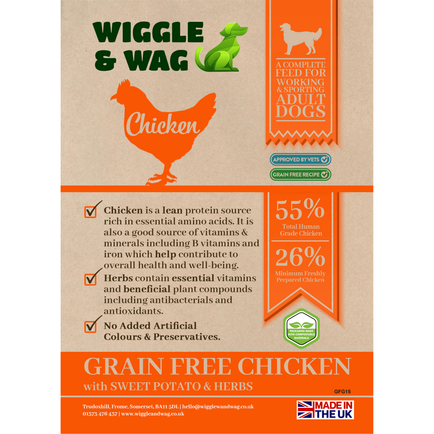 Wiggle and Wag Grain Free Chicken, Sweet Potato & Herbs, Complete Adult Dog Food For Working Dogs
