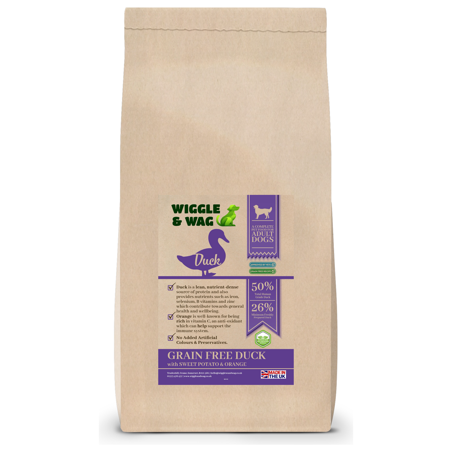 Wiggle and Wag Grain Free Duck, Sweet Potato & Orange, Complete Adult Dog Food