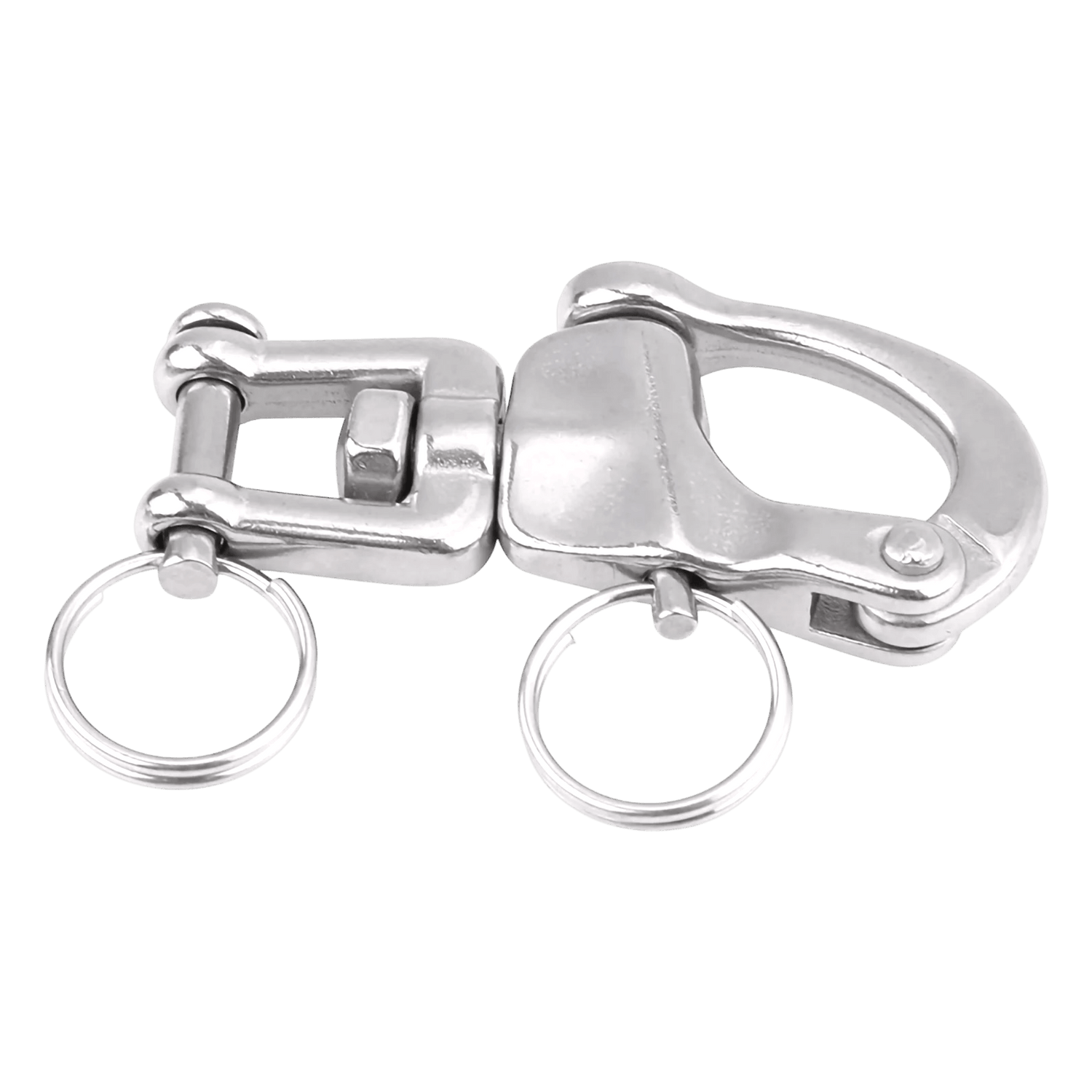 Stainless steel quick release snap hook with dual key rings, ideal for marine and industrial utility buckle applications.