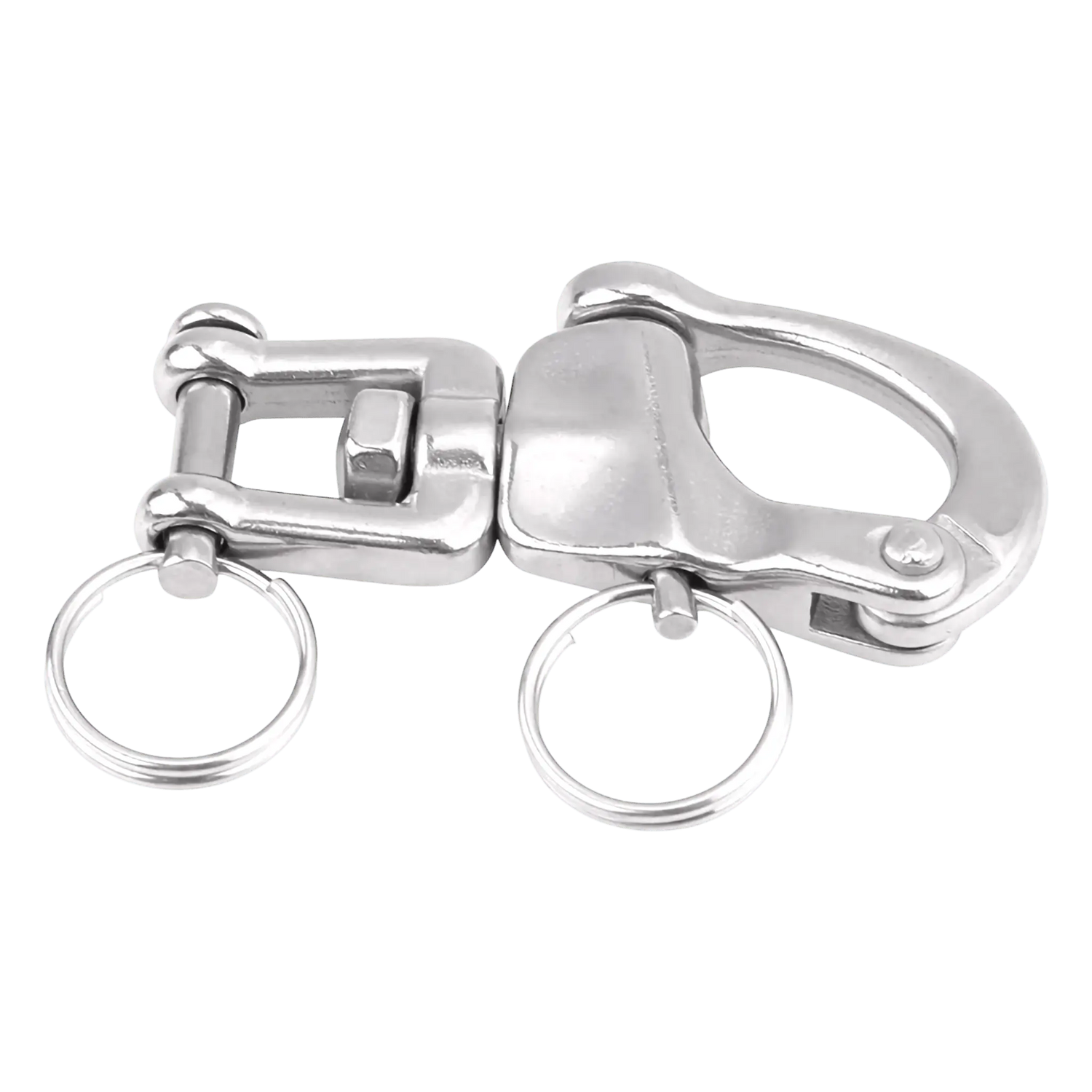 Stainless steel quick release snap hook with dual key rings, ideal for marine and industrial utility buckle applications.