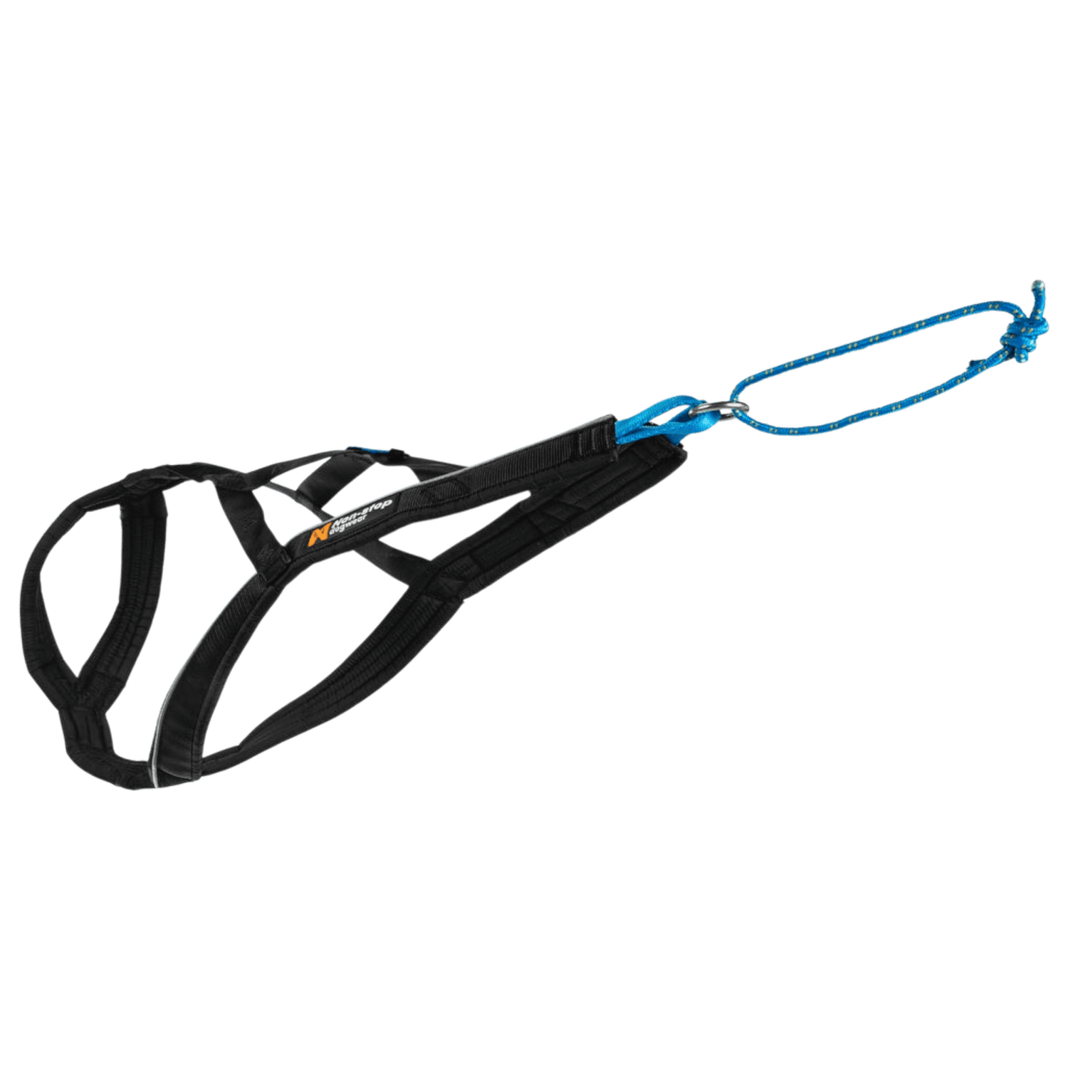 Non-stop Dogwear Nansen nome harness 5.0 in black with blue rope, designed for optimal pulling performance in dog mushing activities.