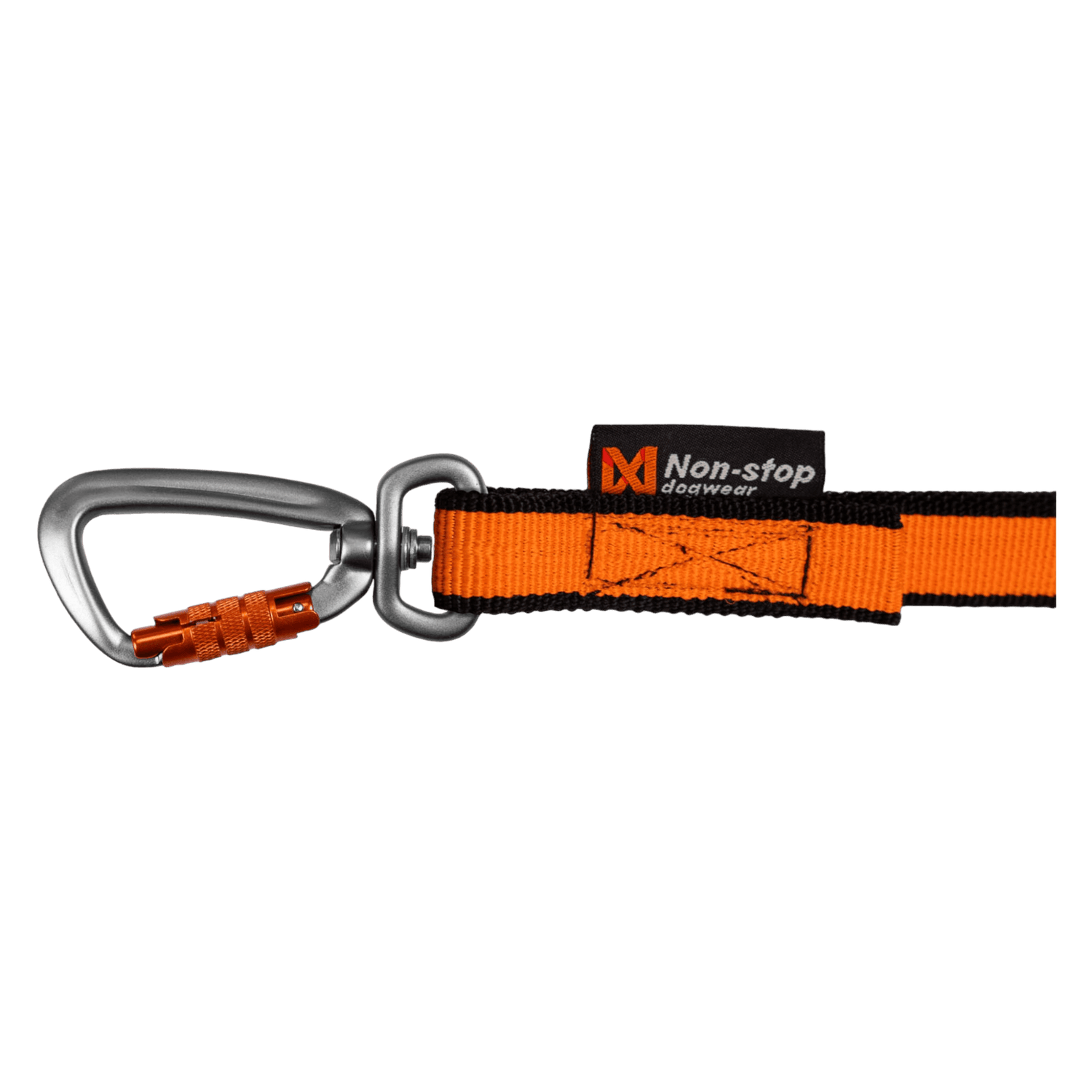 Close-up of Non-stop Dogwear Bungee Leash Orange/Black showing heavy-duty carabiner and reinforced stitching for secure dog attachment.