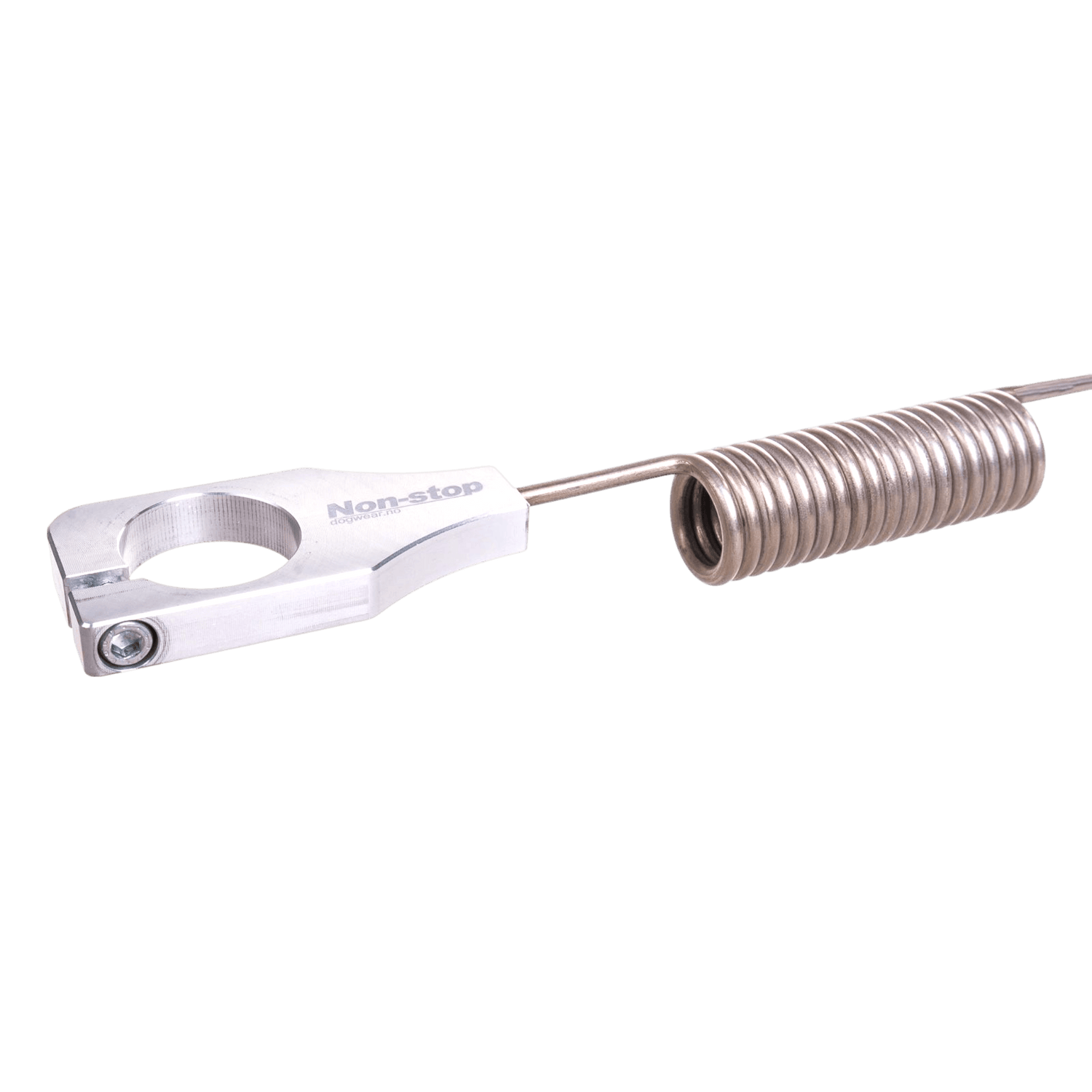 Close-up of the Non-stop dogwear Bike Antenna clamp and spring, showcasing its sturdy build for secure attachment to a bike's handlebar.