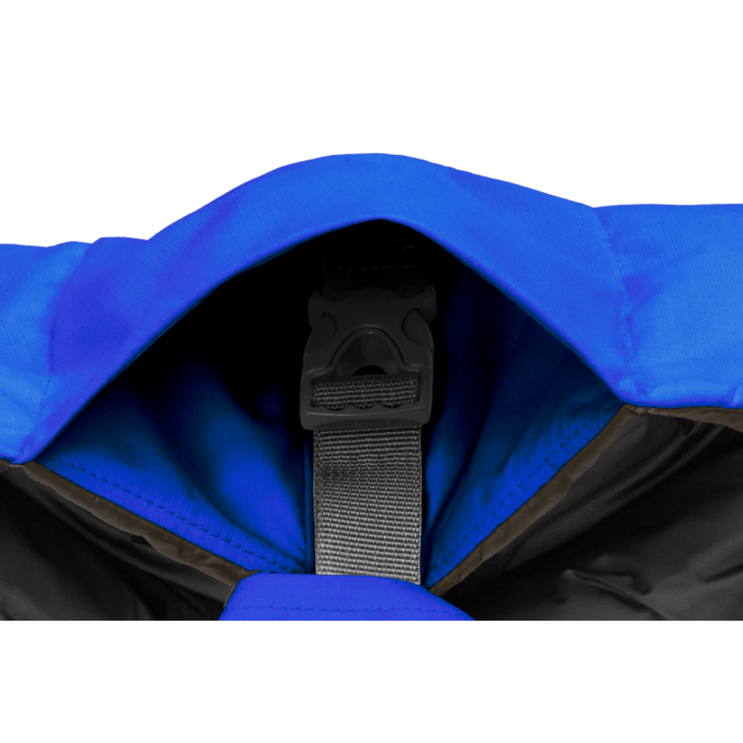 Close-up of a blue hood with a black strap on a white background
