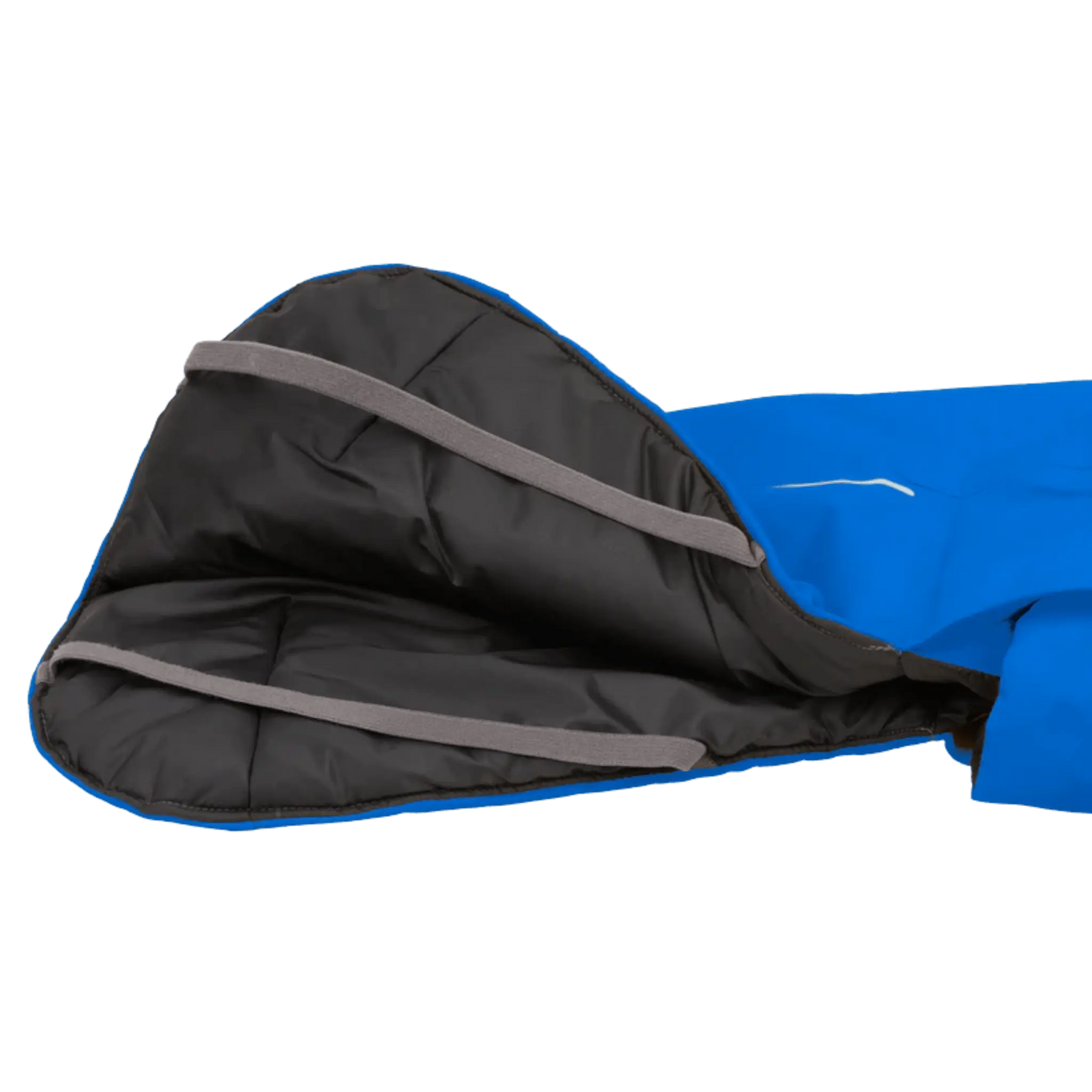 Blue and black sleeping bag on a white background