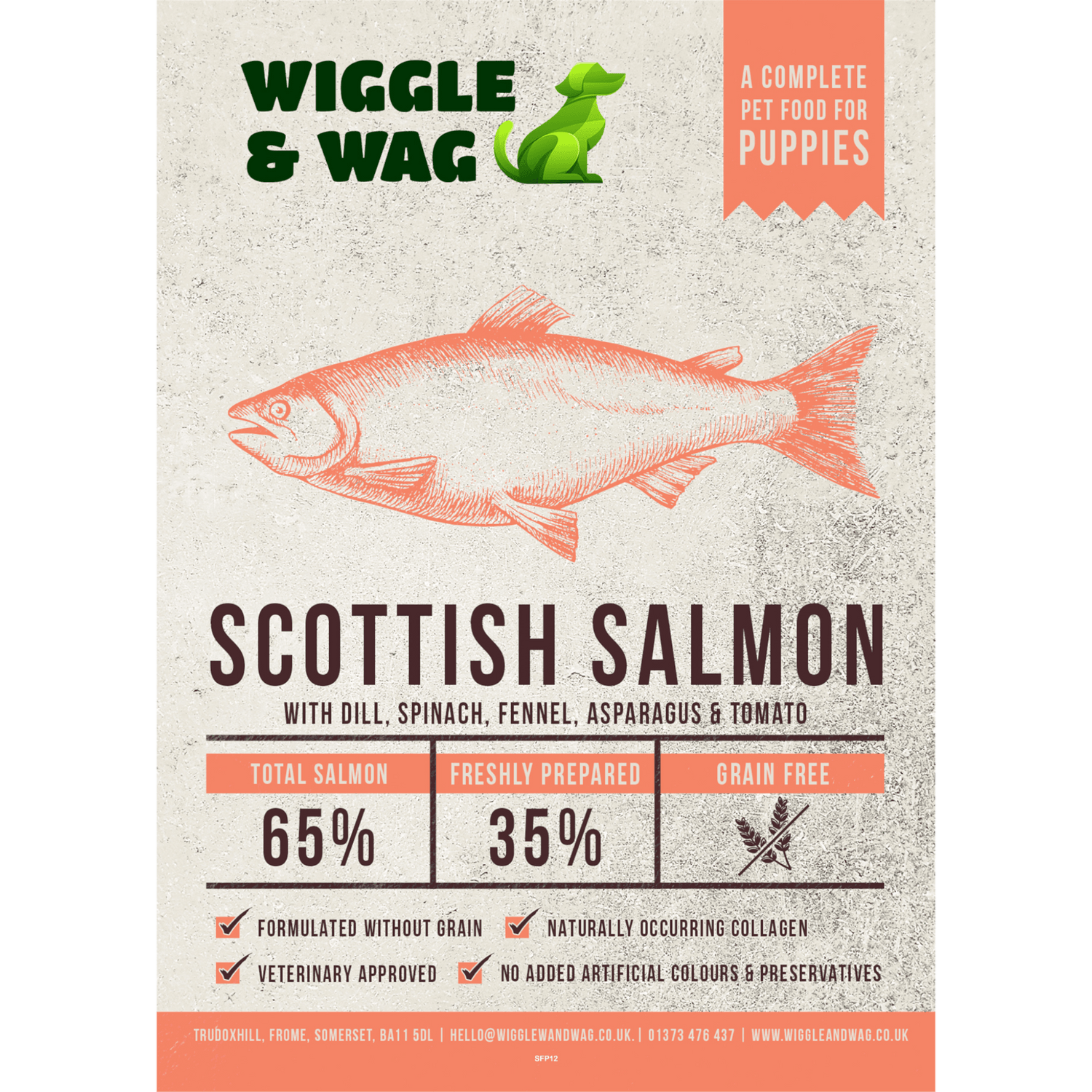 Wiggle and Wag Puppy Scottish Salmon with Dill, Spinach, Fennel, Asparagus & Tomato