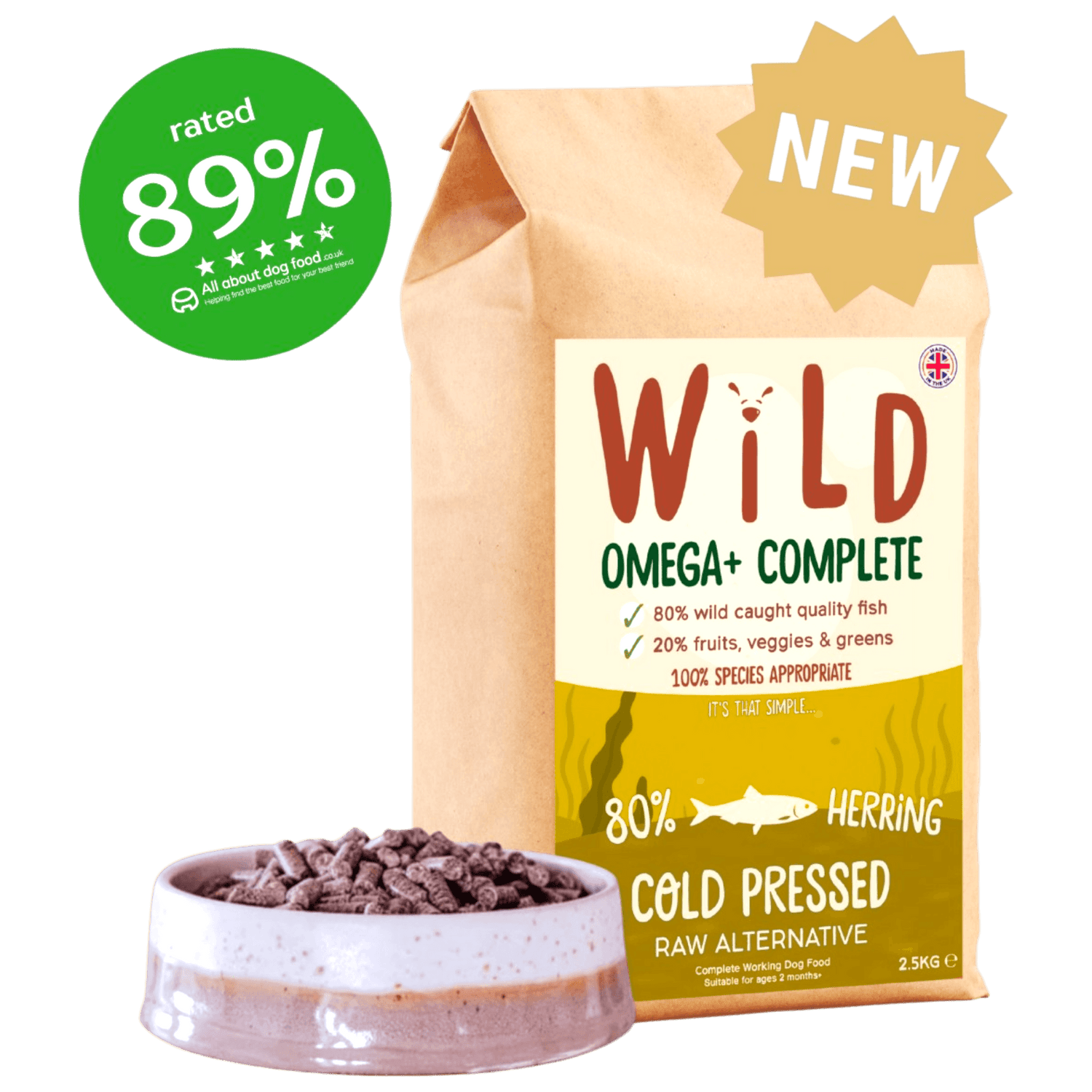 Wild Pet Food Herring 80:20 Cold-Pressed Complete Dog Food in eco-friendly packaging with a bowl of kibble, rated 89% by dog food experts.