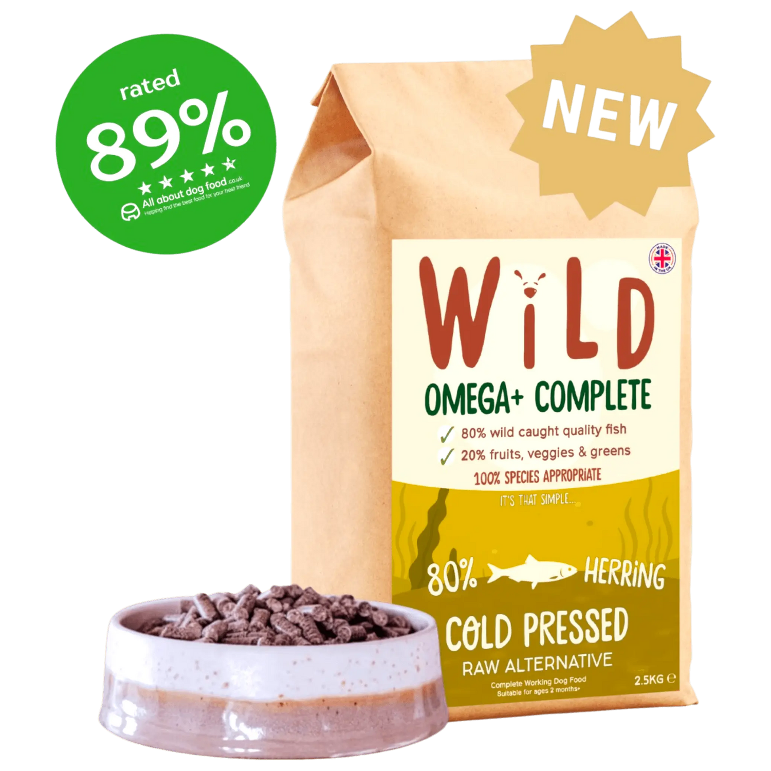 Wild Pet Food Herring 80:20 Cold-Pressed Complete Dog Food in eco-friendly packaging with a bowl of kibble, rated 89% by dog food experts.
