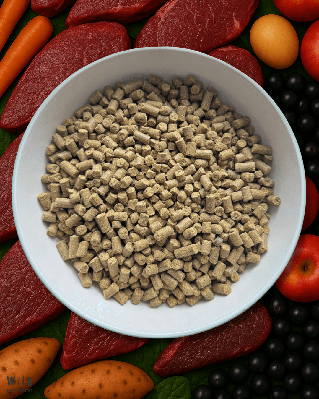 Bowl filled with Wild Pet Food Beef 80:20 Cold-Pressed Complete Dog Food pellets, surrounded by raw ingredients like beef, fruits, and vegetables.