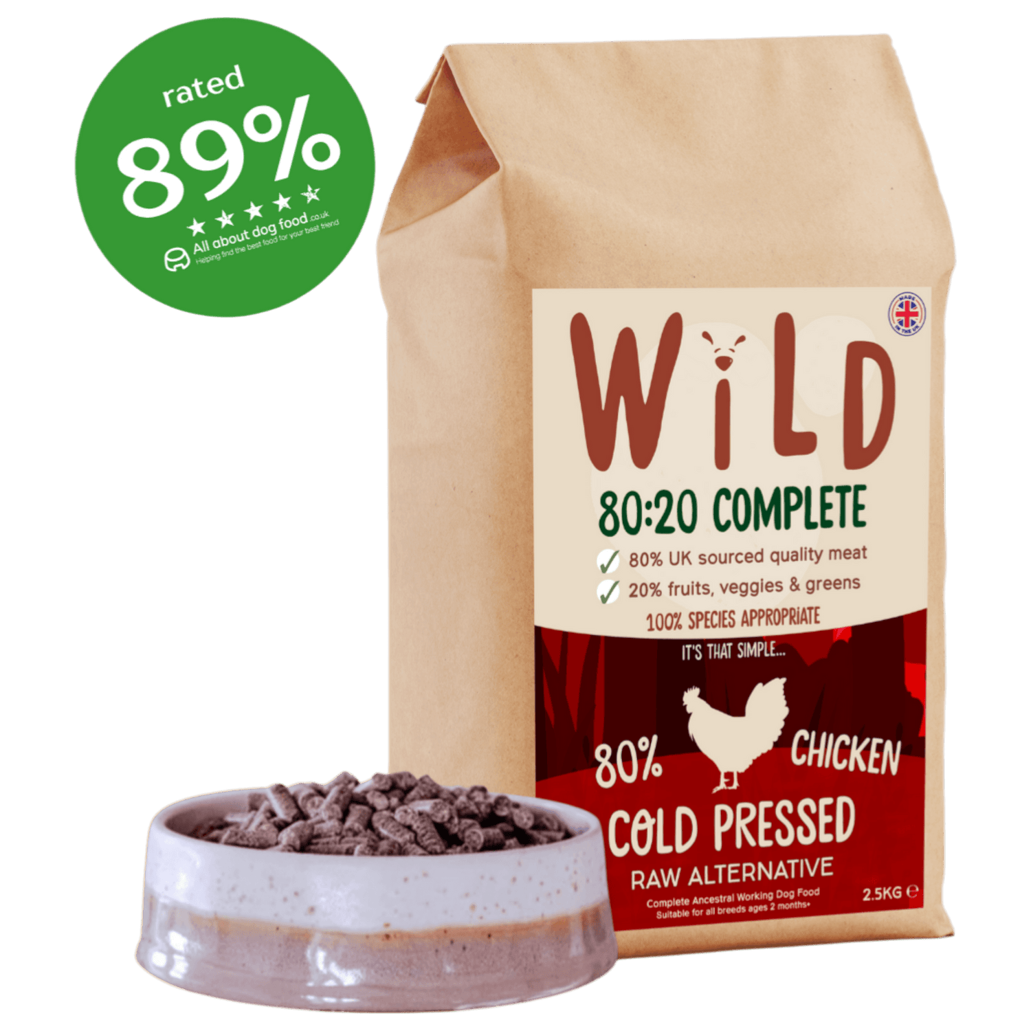 Bag of Wild 80:20 Complete dog food with a bowl of food and a green rating badge on a white background