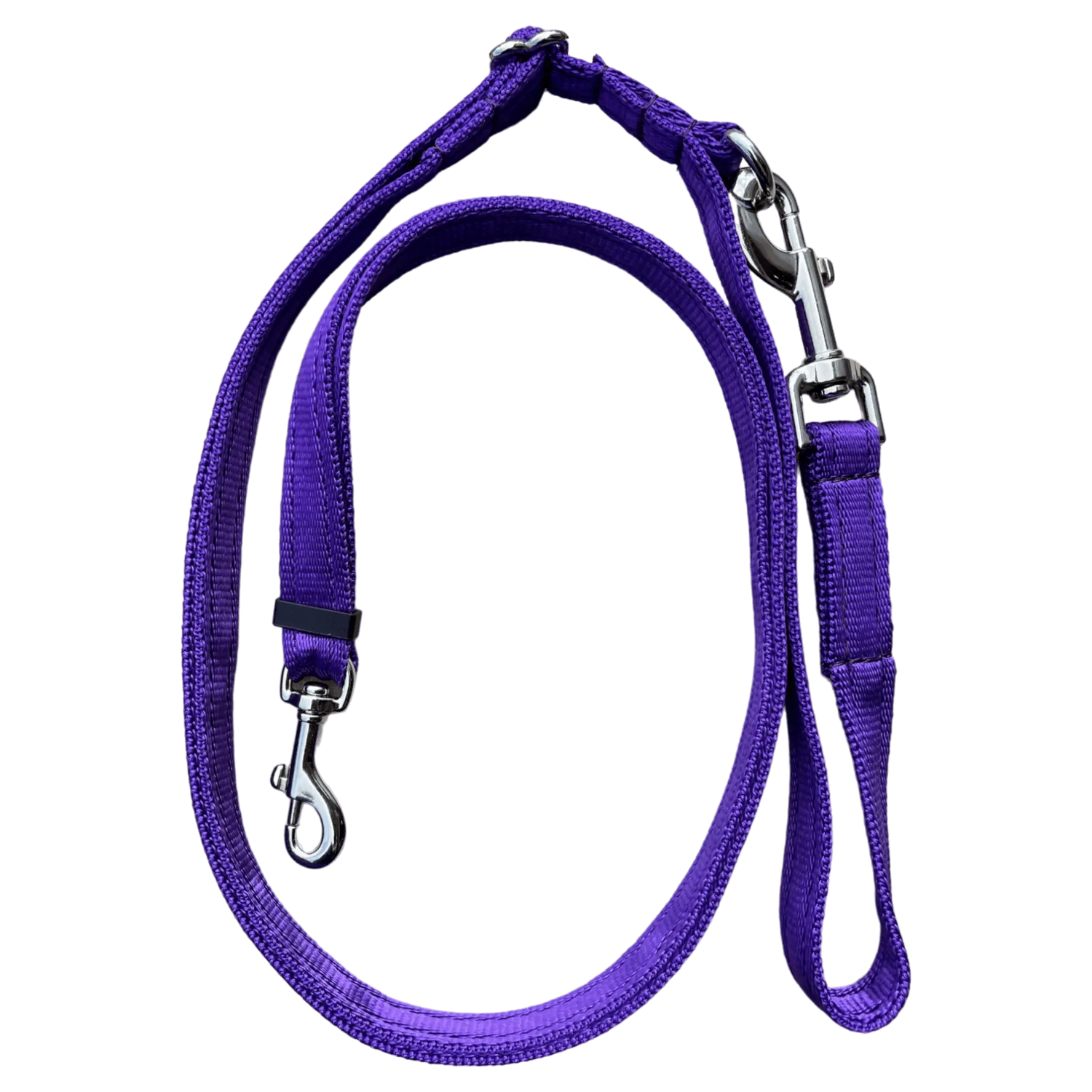 Purple Adjustable Double Ended Dog Lead with strong 20mm cushion webbing and dual metal clasps for enhanced control and comfort.