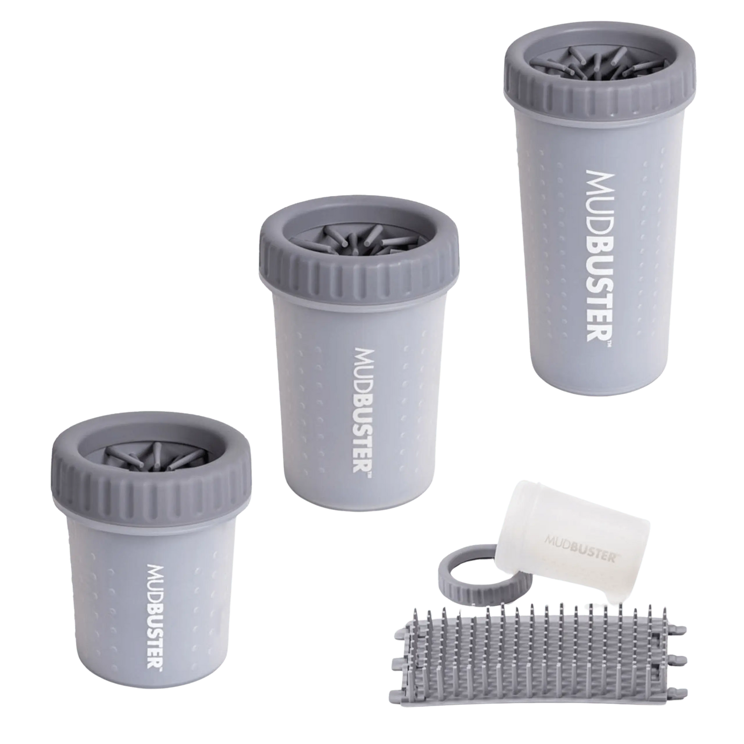 Gray Dexas Mudbuster paw cleaners in small, medium, and large with removable silicone bristles, designed for easy dog paw cleaning.