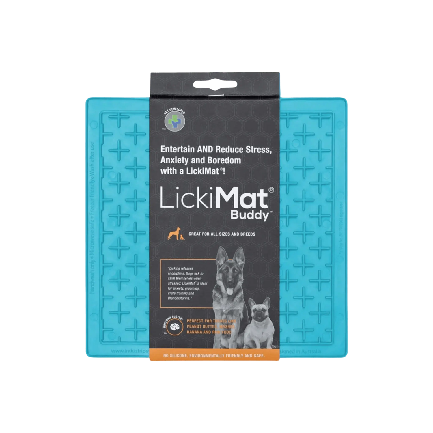 LickiMat® Classic Buddy™ in blue, a boredom-busting pet treat mat that supports calm behavior and healthy digestion in dogs and cats.