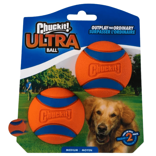 Chuckit Ultra Ball 2-pack for dogs in medium size, featuring high-bounce, floatable rubber balls in orange and blue packaging with a golden retriever.