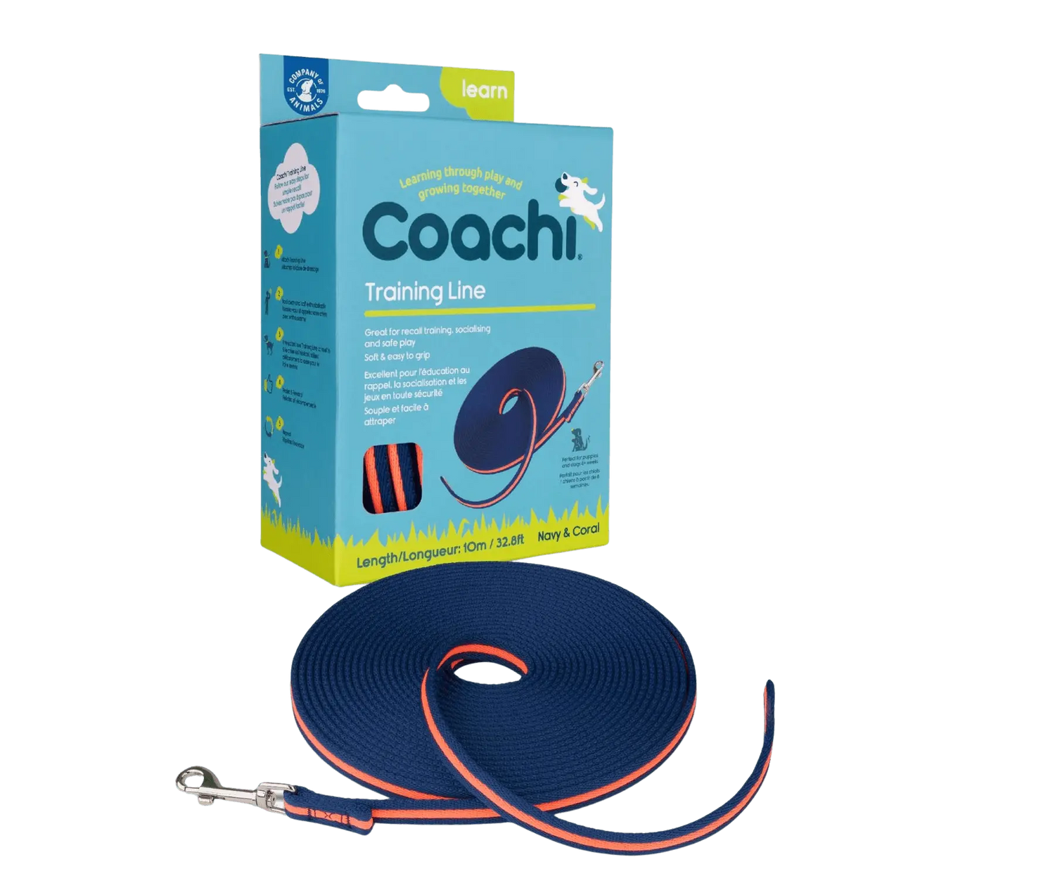 CoA Coachi Training Line Navy & Coral 10m with packaging, ideal for puppy recall training and controlled socialisation during walks.