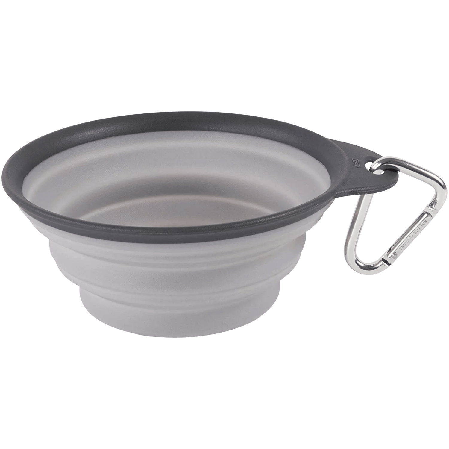 Dexas Travel Cup, Large 473ml collapsible grey dog bowl with black rim and carabiner, perfect for pet hydration on the go.