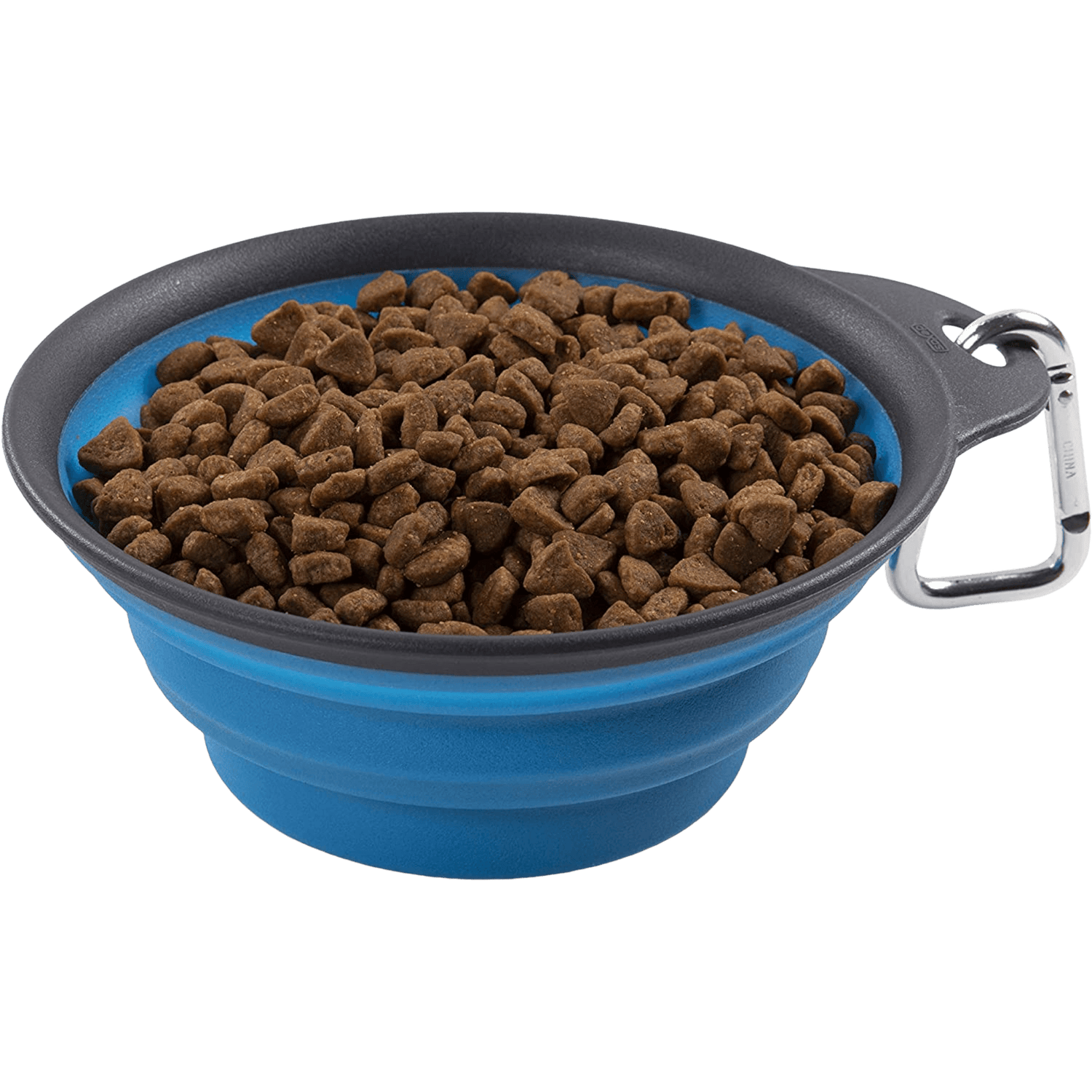 Dexas Travel Cup, Large 473ml blue collapsible dog bowl filled with dry kibble, designed for convenient pet feeding during travel.