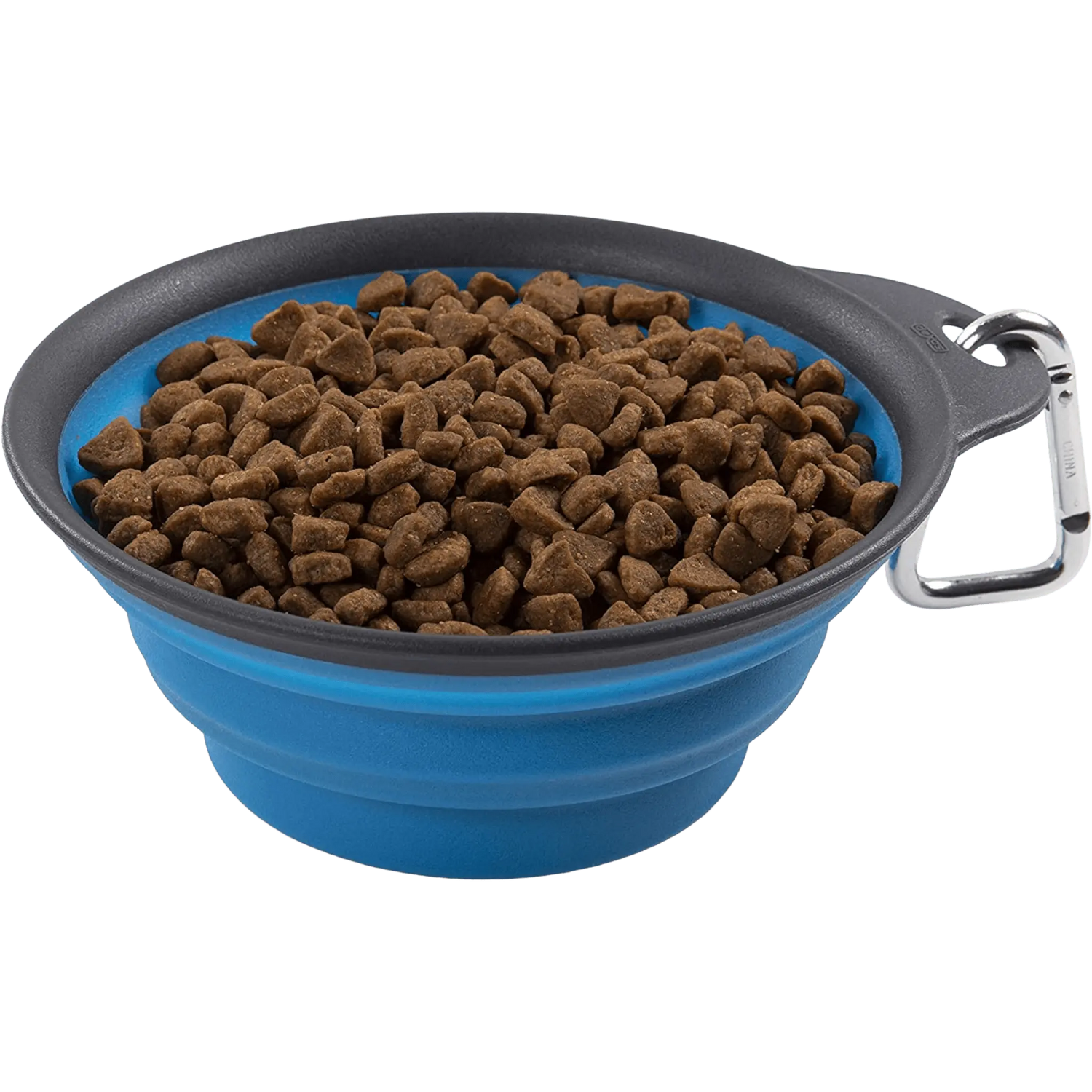 Dexas Travel Cup, Large 473ml blue collapsible dog bowl filled with dry kibble, designed for convenient pet feeding during travel.