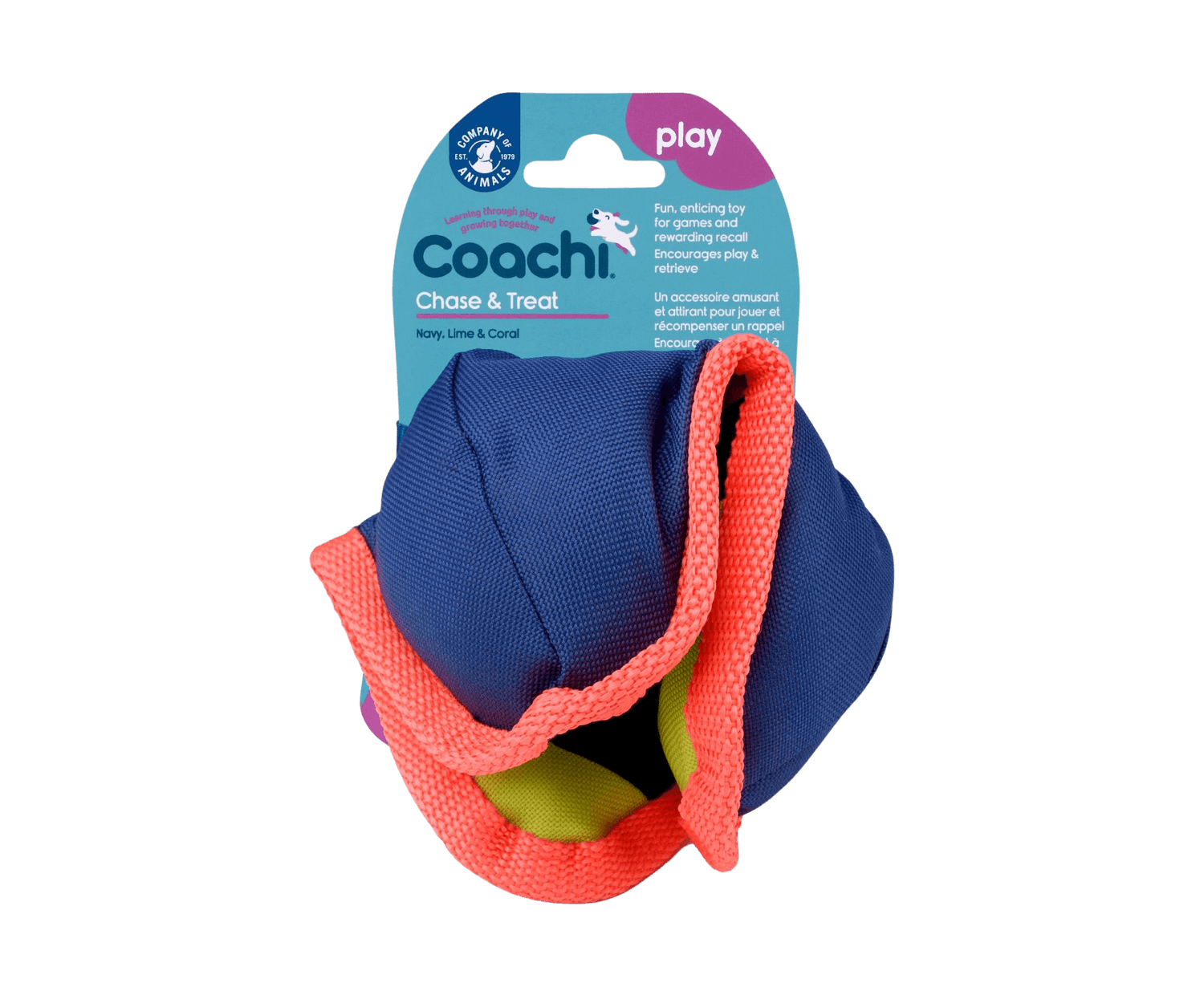 CoA Coachi Chase & Treat dog toy in navy, lime, and coral colors, designed for interactive play and treat dispensing.