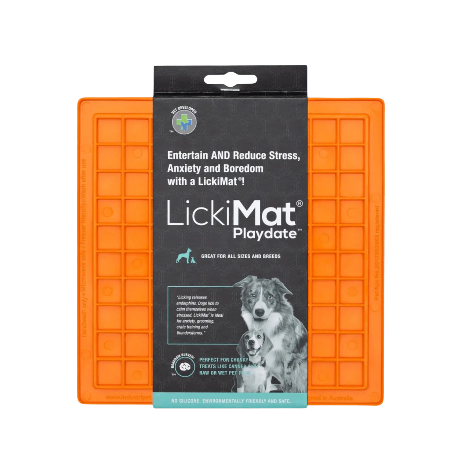 LickiMat® Classic Playdate™ orange pet treat dispenser mat for dogs and cats, perfect for yogurt, spreads, and raw food.