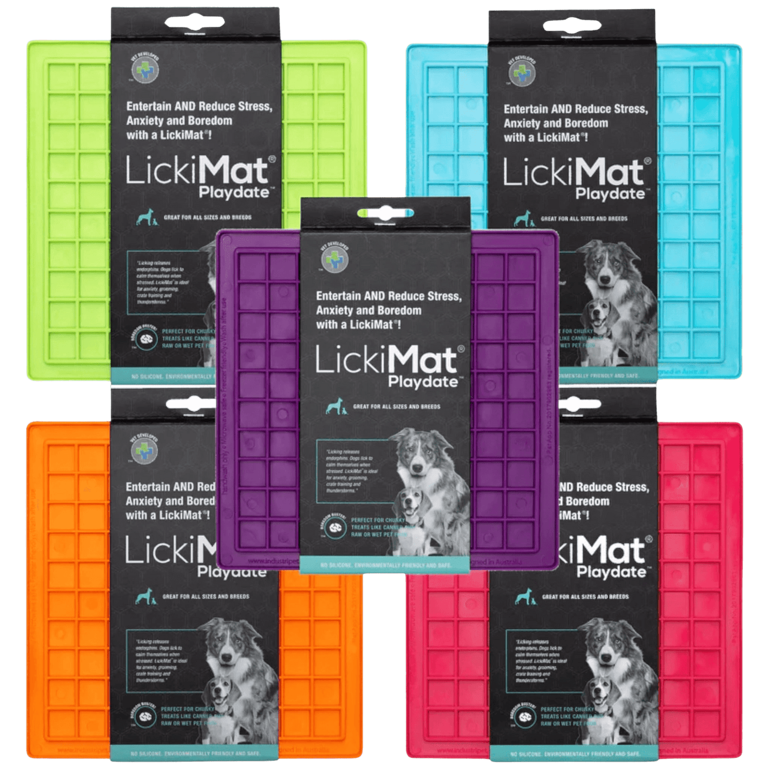 LickiMat® Classic Playdate™ dog bowls in assorted colors including green, orange, purple, blue, and red. Ideal for reducing pet anxiety and boredom.