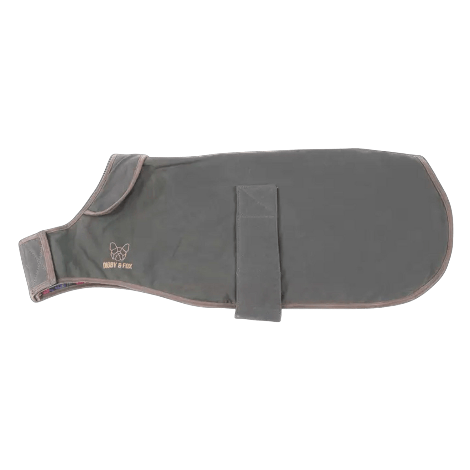 Digby & Fox Wax Dog Coat in dark waxed fabric with Velcro strap and logo, ideal for stylish weather protection in pet outerwear category.
