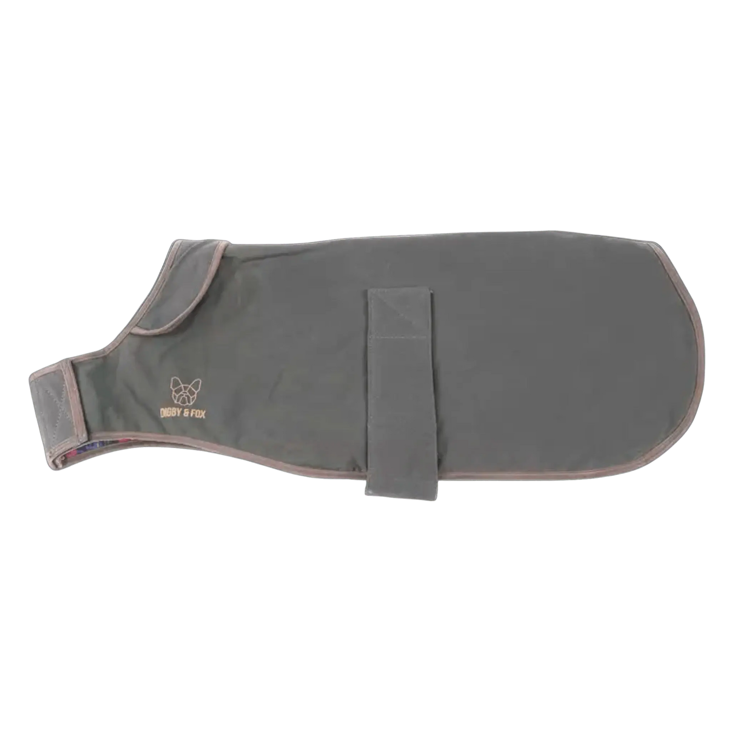 Digby & Fox Wax Dog Coat in dark waxed fabric with Velcro strap and logo, ideal for stylish weather protection in pet outerwear category.
