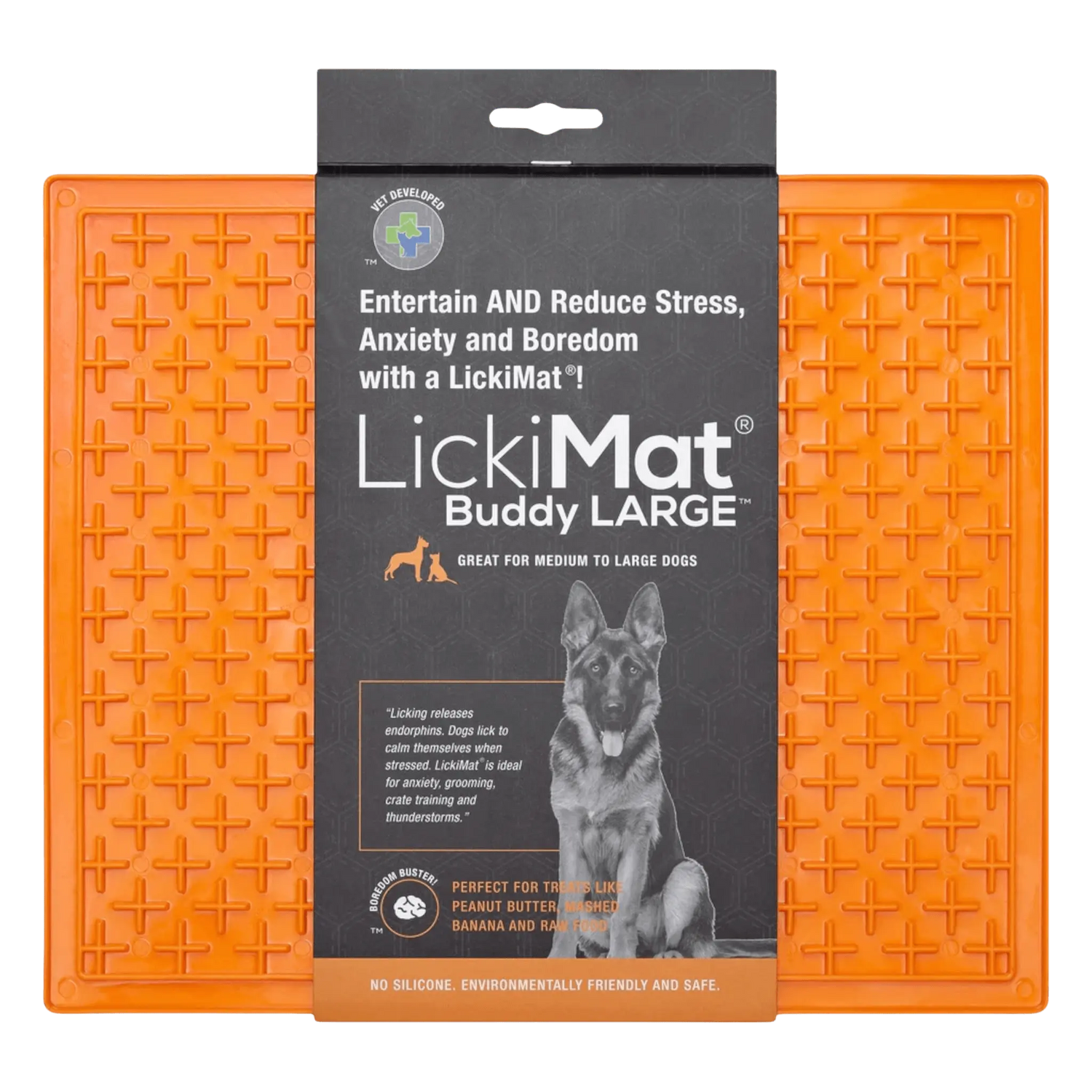 LickiMat® Classic Buddy™ XL in orange, a boredom-busting dog bowl alternative that supports healthy feeding habits and anxiety relief.