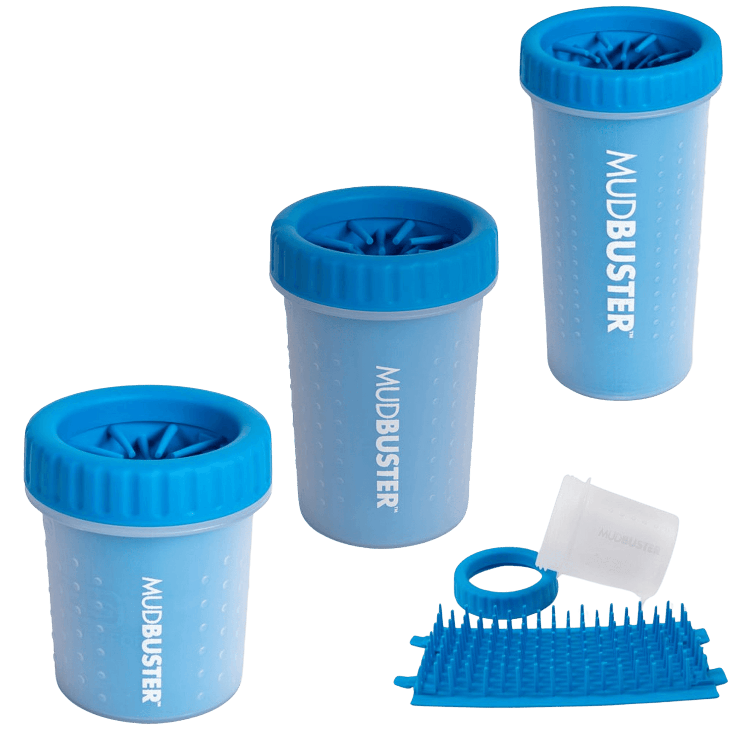 Set of blue Dexas Mudbuster paw cleaners in three sizes with disassembled parts, perfect for pet grooming and paw hygiene.