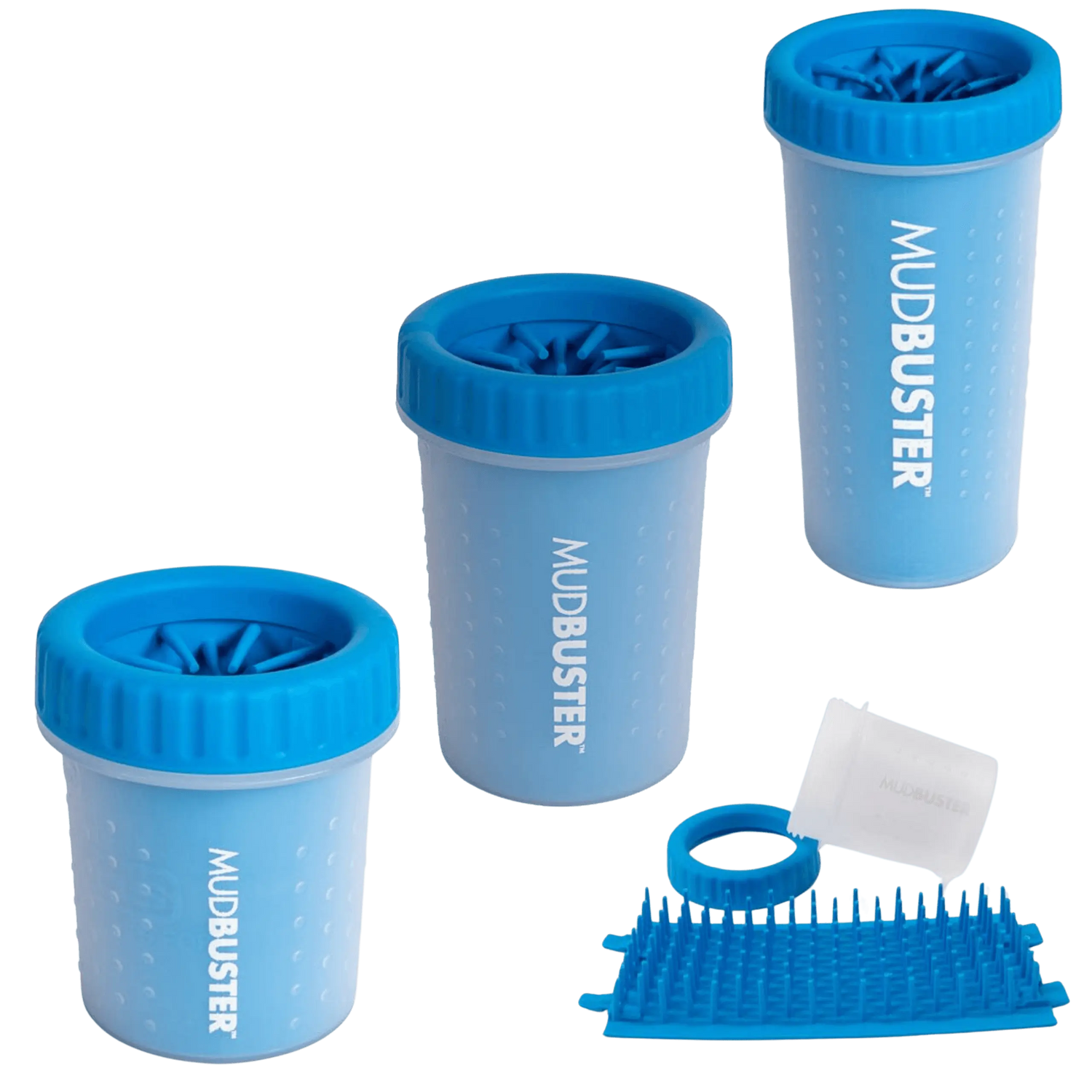 Set of blue Dexas Mudbuster paw cleaners in three sizes with disassembled parts, perfect for pet grooming and paw hygiene.