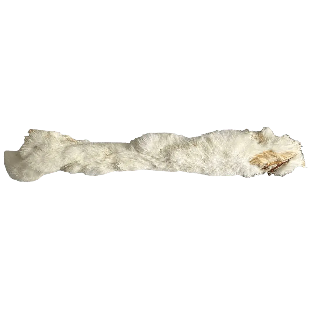 Natural Treats Whole Rabbit Skin, 50cm approx, air-dried with hair for dogs. Hypoallergenic, high-protein chew in natural white fur texture.