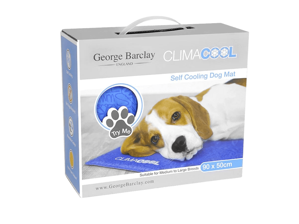 George Barclay ClimaCOOL Self Cooling Dog Mat packaging box showing product features and a dog lying on the mat, ideal for medium to large breeds.